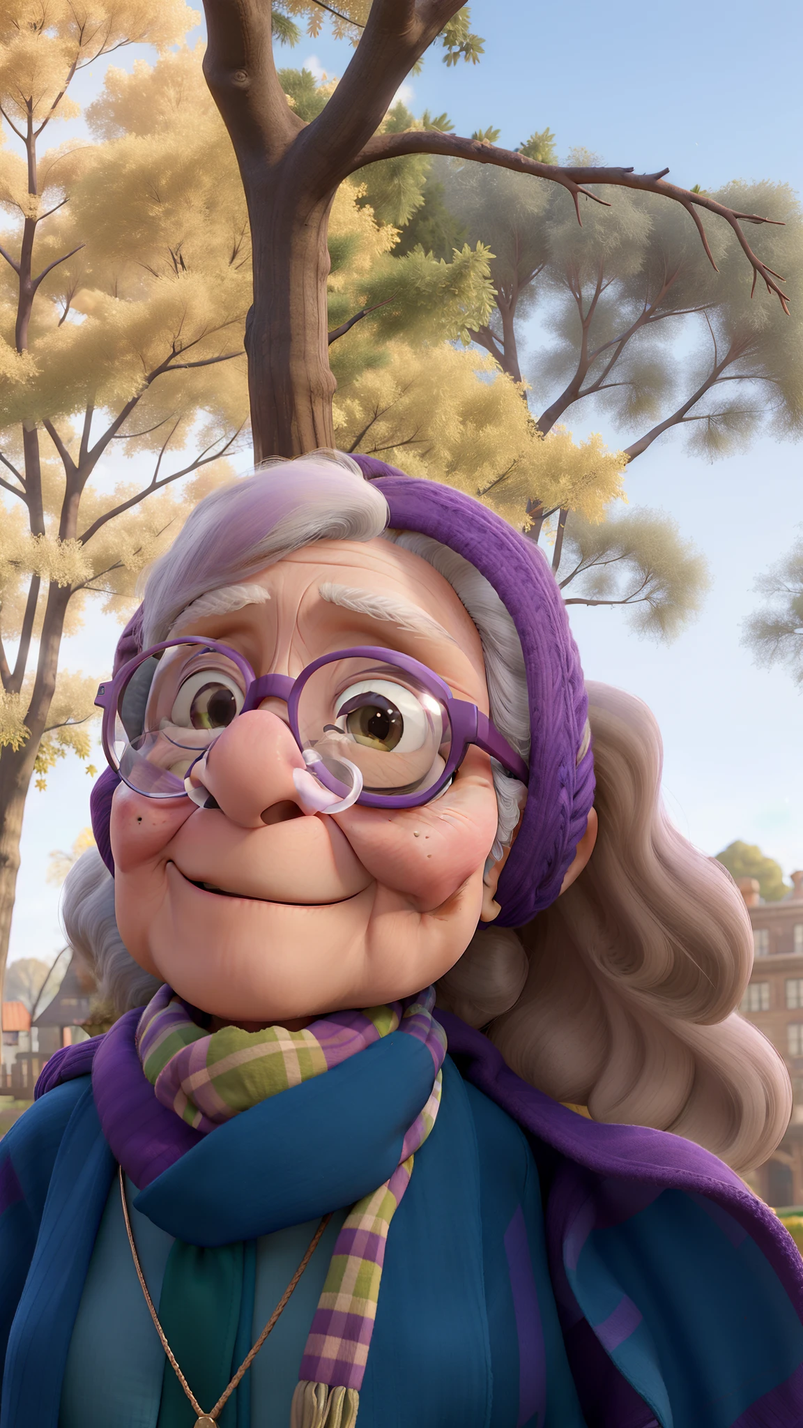 masterpiece, best quality, an old woman with glasses and a scarf on, wearing a purple coat and green scarf, standing at the park