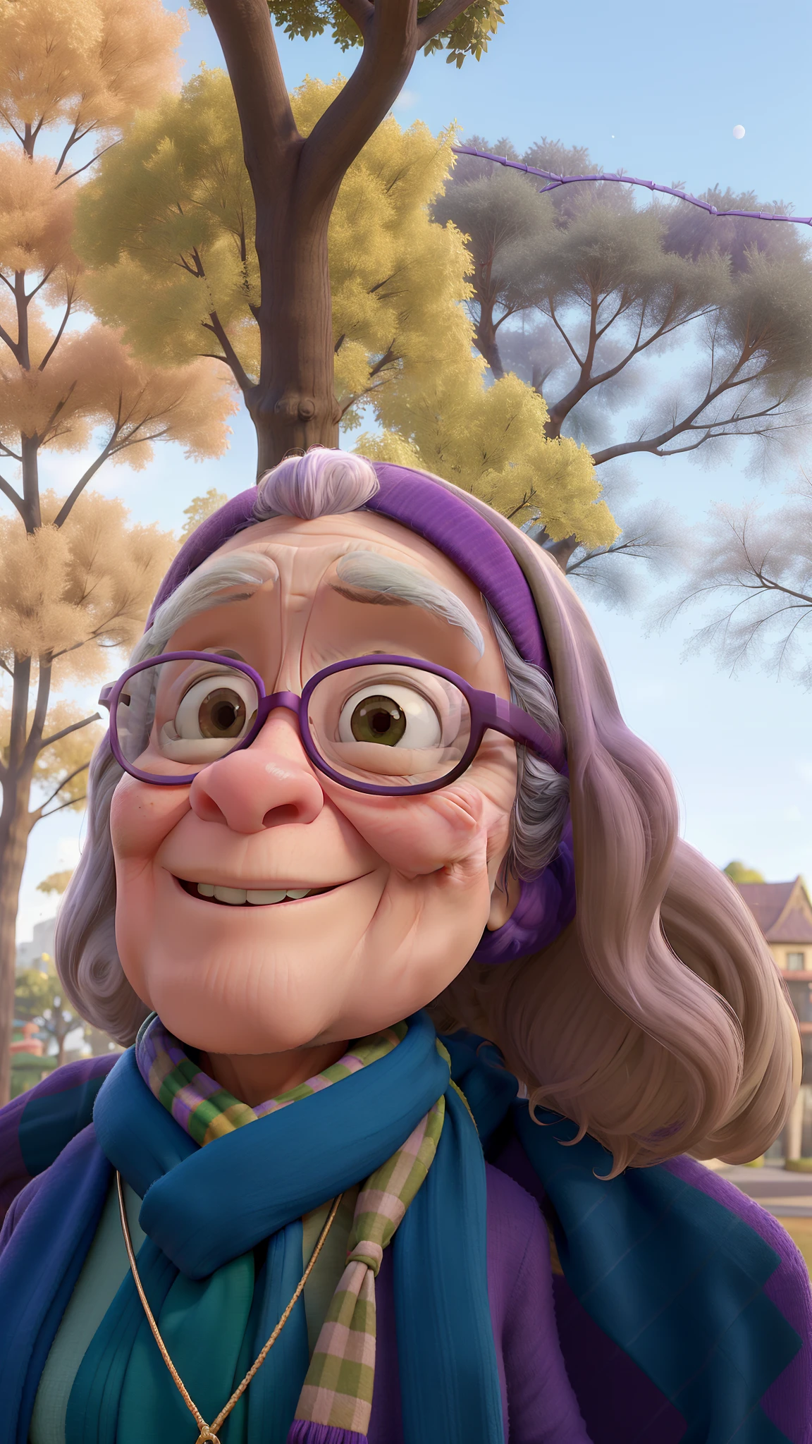 masterpiece, best quality, an old woman with glasses and a scarf on, wearing a purple coat and green scarf, standing at the park