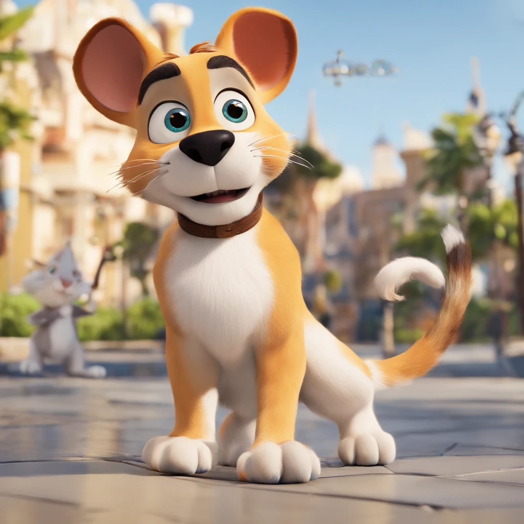 create a 3D movie poster inspired by Disney Pixar, The scene should be in Pixar's signature digital art style, com uma imagem caricatural de um gato branco e cinza, um gato tigrado e um gato branco e amarelo.