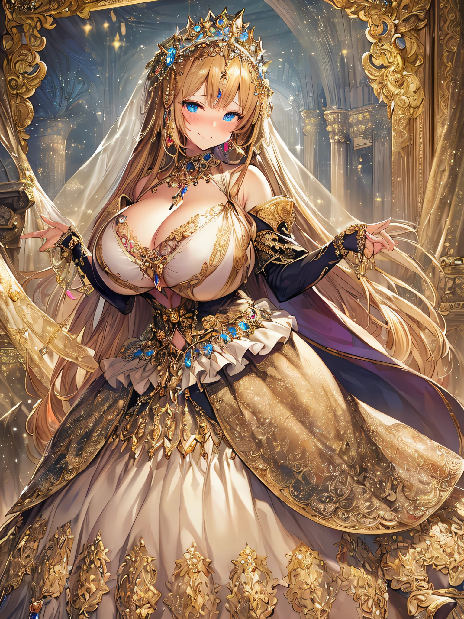 ((Anime Art Style)),((masutepiece,Best Quality,Super Detail,Very delicate and beautiful)),((Full body portrait)),((Solo)),(((One princess in beautiful embroidery and jeweled gorgeous rococo ballgown with voluminous full length hoop skirt))),(Crinoline hoop skirt),(((very gigantic boobs,Skindentation))),((extremely voluminous Very Long Straight Hair)),(finely detailed face and eyes),(Seductive smile,embarrassed),extremely gorgeousfull hair ornament,very gorgeous big tiara adorned with bling-bling jewels,Glitter Gorgeous Gemstone Jewelry,Gorgeous Long Veil,opera gloves,(Beautiful background),(Full body),((beautiful embroidery and jeweled gorgeous rococo ballgown with voluminous full length hoop skirt))