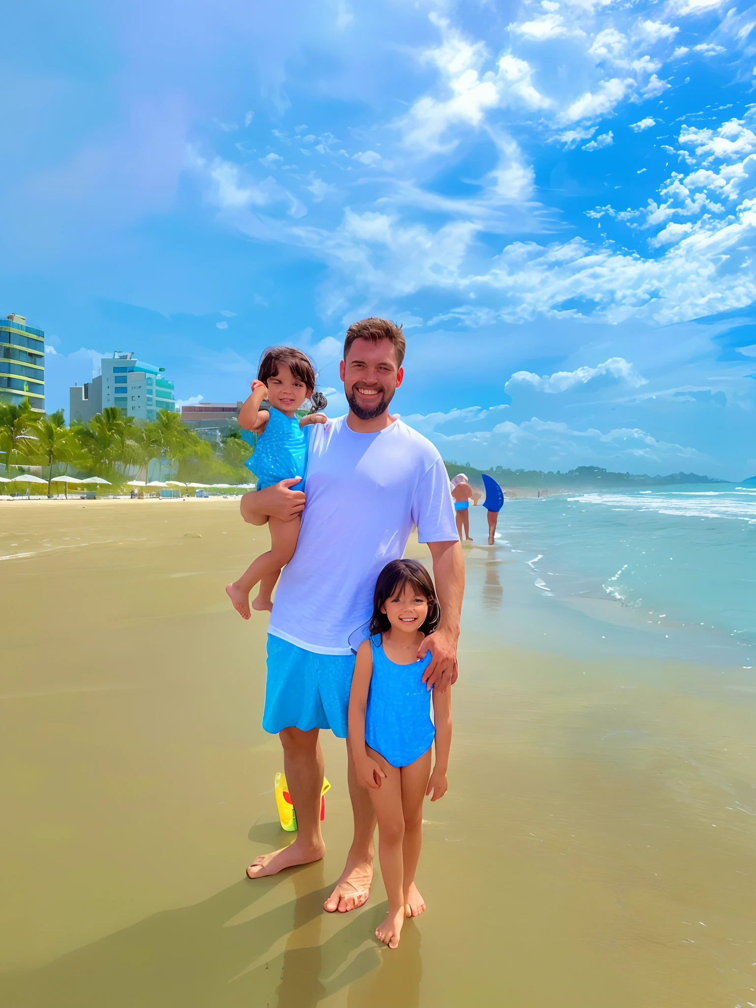 Three people standing in the ocean with a woman in a bathing suit, na praia, foto de praia, on the ocean water, standing at the beach, no mar, vacation photo, na praia, no oceano, standing near the beach, pessoas na praia, no mar, em uma praia, O oceano ao fundo