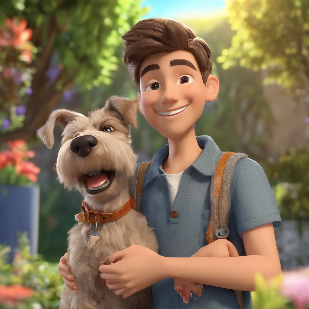 Lucas is a smiling 15-year-old human boy, com seu fiel amigo, Bolt, o cachorro schnauzer, deitados no jardim