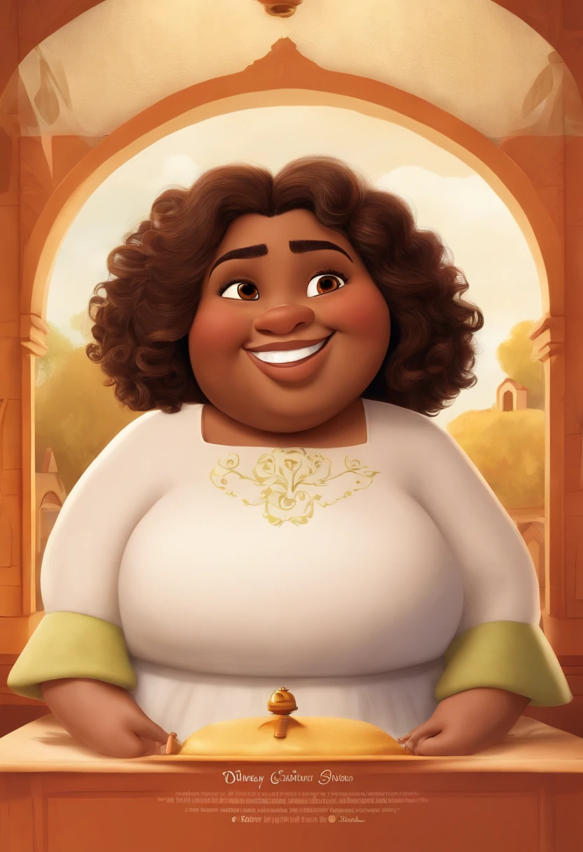 A Disney Pixar-inspired movie poster featuring an overweight brown woman with medium curly hair, olhos castanhos, Um homem branco cabelo castanho, sorriso largo com uma falha no meio dos dentes, Hugging the woman, A cena deve ser no estilo de arte digital distinto da Pixar, with a focus on character expressions, Vibrant colors and detailed texture that are characteristic of his animations