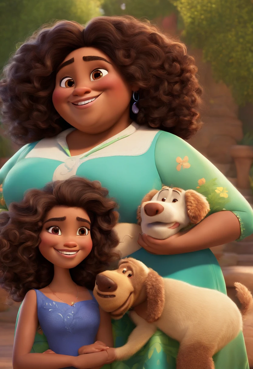 A Disney Pixar-inspired movie poster featuring an overweight brown woman with medium curly hair, olhos castanhos, Um homem branco cabelo castanho, sorriso largo com uma falha no meio dos dentes, Hugging the woman, A cena deve ser no estilo de arte digital distinto da Pixar, with a focus on character expressions, Vibrant colors and detailed texture that are characteristic of his animations