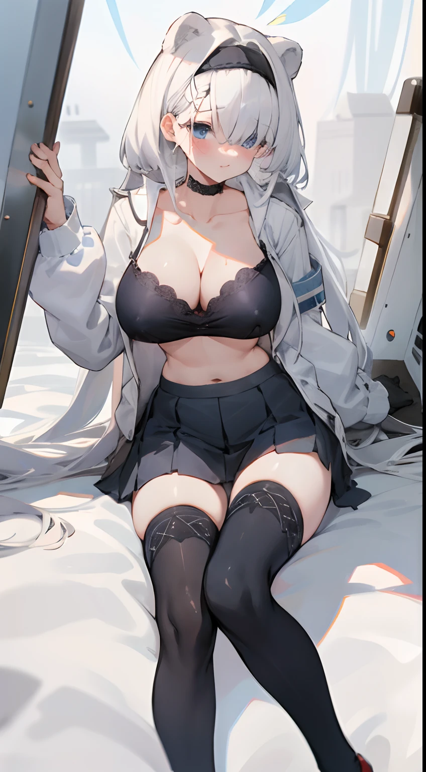Bigboobs,White color hair,Leakage out of the collarbone,Neck leakage,school uniform,School skirts,Lace knee-length stockings