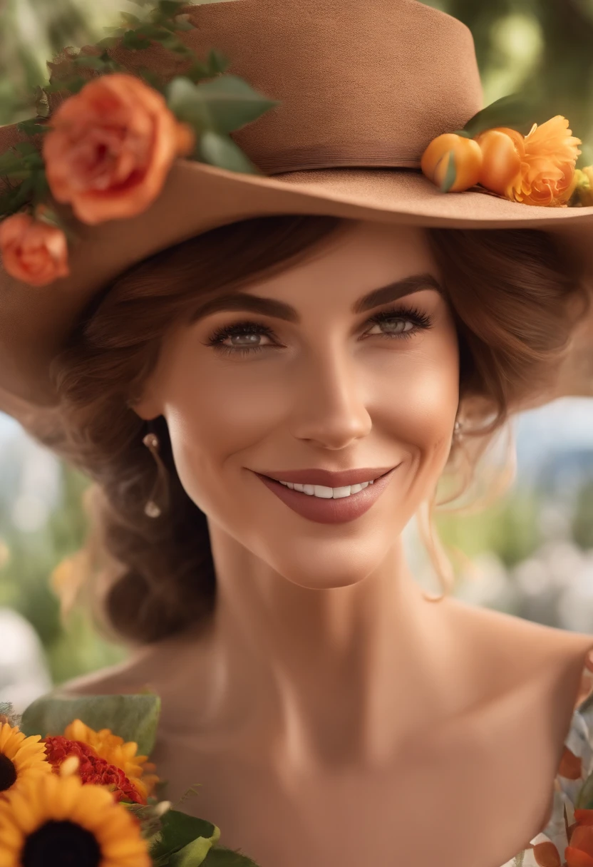 Image of a woman for a story in a YouTube video in Pixar format, She's a florist, tem aproximadamente 40 anos, medium and straight light brown hair, sorriso largo e olhos castanhos