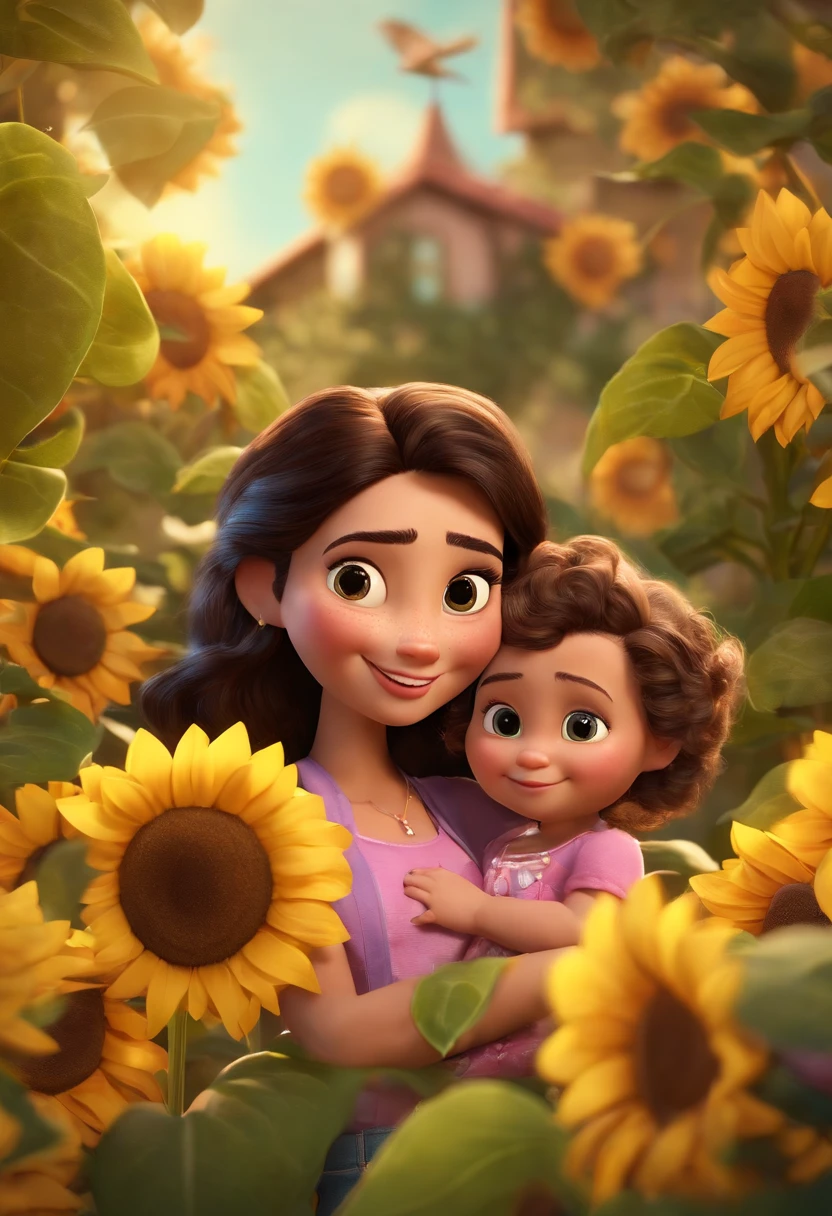 Create a Disney PIXAR-style 3D poster. ((Center of the image is a couple and a 6--old b)), ((casal e 1 menina)) ((1 homem ao lado e 1 menina no meio e 1 mulher ao lado, They're hugging each other, O homem ele e maior que a mulher ele tem pele clara e cabelos castanhos escuros e olhos puxados castanhos claro, 1 menina tem pele clara, Slanted eyes and dark hair and pink bow on her head, ela veste jardineira rosa e camiseta branca, e a mulher tem pele parda, olhos escuros e cabelos escuros e lisos)) ((tudo isso no estilo Disney PIXAR 3D, In the background, A house of sunflowers, Gloria Studio, The garden is full of nature 3D render RTX clay material, estilo de design cartunesco, POP Mart, soft lighting, linhas suaves, Spring tilt, Detailed illustrations of PIXAR 3D, Detalhes hiper-realistas, cor quente no estilo Disney PIXAR 3D))