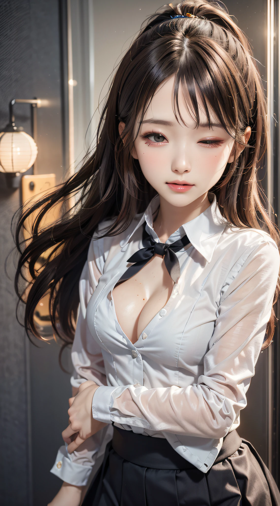 neon street at night, 1girl:1.3, 25 years old, sexy, erotic, glamorous, slim body, perfect body:1.3, (medium breasts), thin thighs, (one eye closed, wink):1.3, BREAK, woman wearing(front open white collared shirt, Black ruffled mini skirt, glossy):1.3, show cleavage, dark-brown hair, high-ponytail, BREAK, (Natural Skin Texture, Detailed pale skin, tanned skin:1.3, black eyes, shiny-lipgloss, shy smile, perfect face, cute face, thin lips, small face:1.3, cowboy-shot, (top-quality, ultra real-photo, masterpiece, RAW Photography, cinematic light, very detailed illustration, portrait, face focus)
