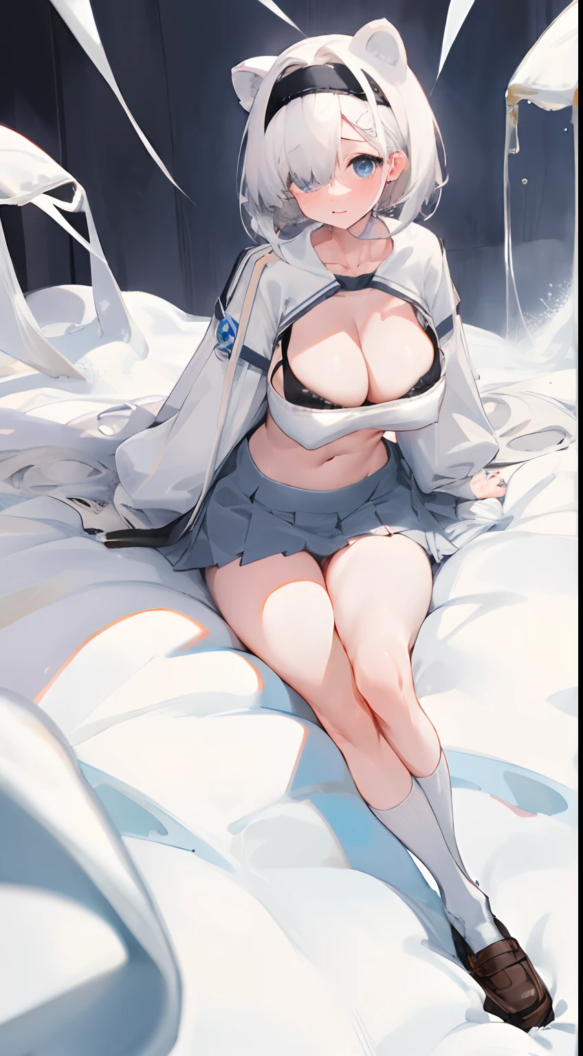 Bigboobs，White color hair，Leakage out of the collarbone，Neck leakage，school uniform，School skirts，knee length socks