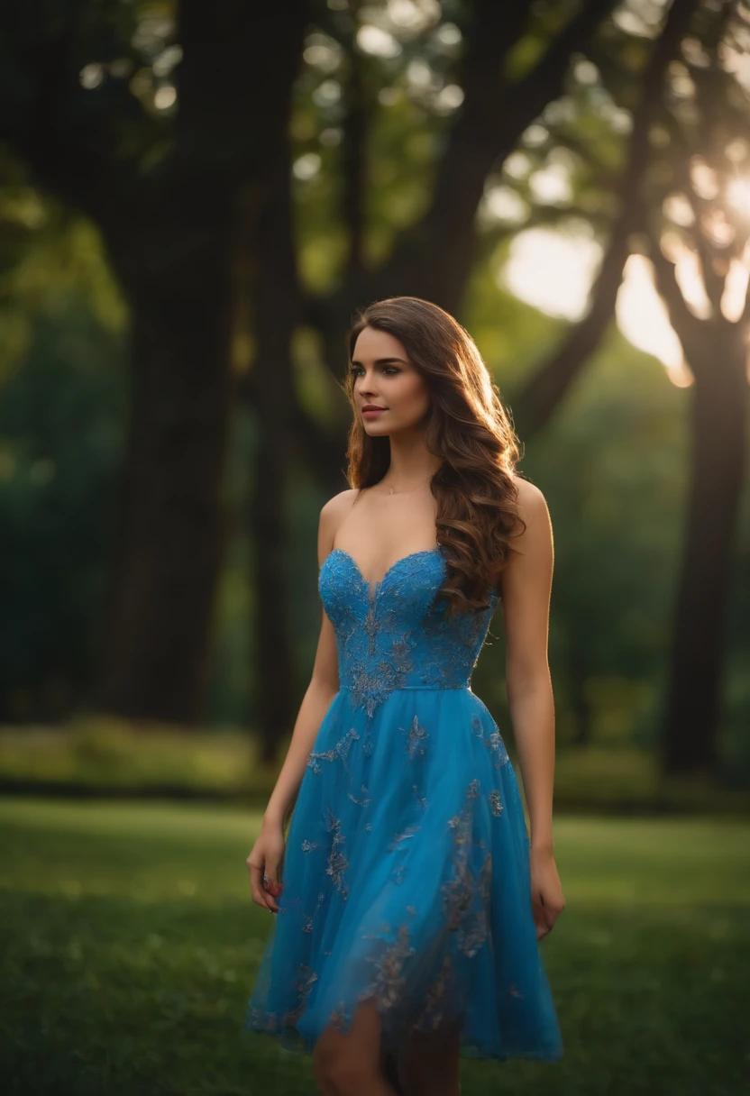 Obra-prima, de melhor qualidade, uma adolescente de cabelo castanho, liso e curto,  vestindo um vestido azul claro na altura do joelho, Standing in the park