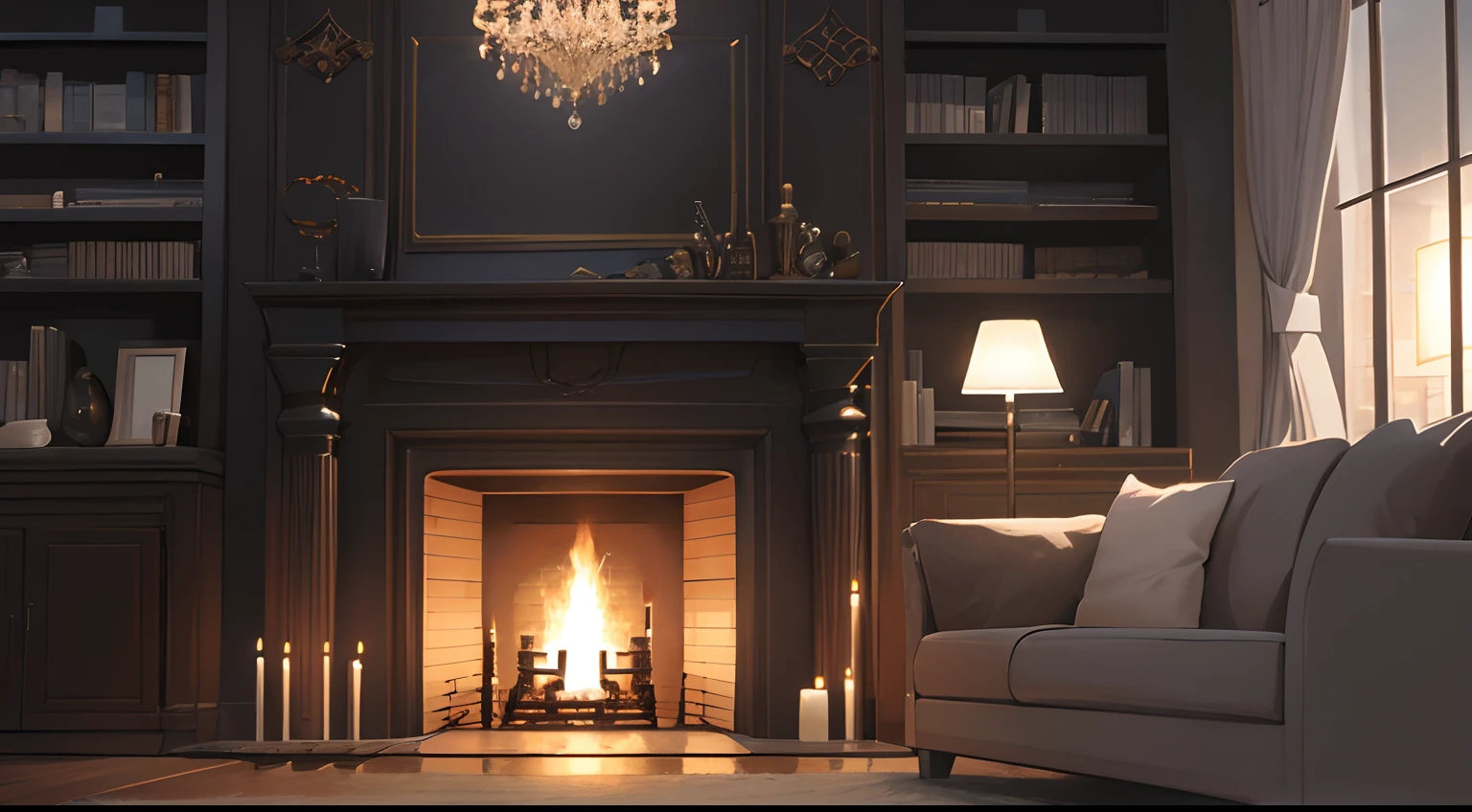 night interior with fireplace winter illustration living top quality graphic dark interior dark color bookcase