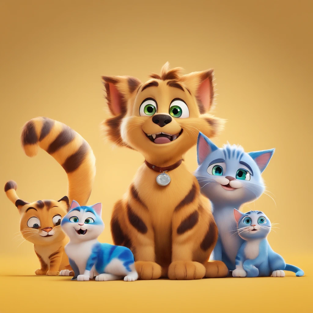 create a 3D movie poster inspired by Disney Pixar, The scene should be in Pixar's signature digital art style, com uma imagem caricatural de 3 gatos juntos sendo um branco e cinza, um gato tigrado e um gato branco e amarelo.