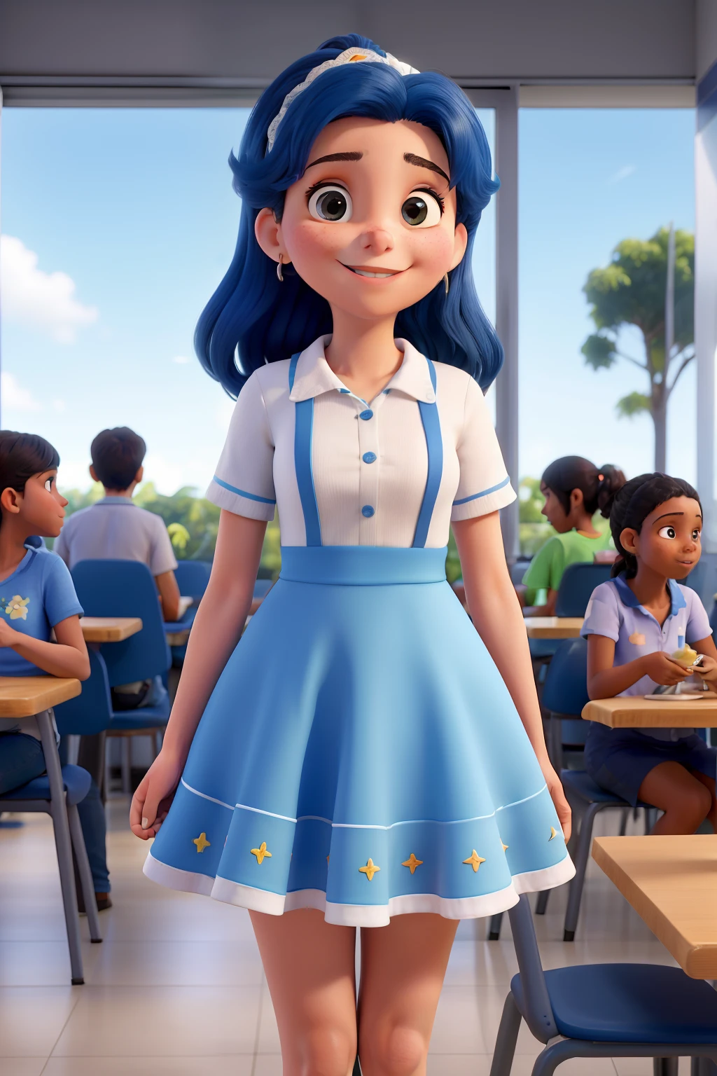 Obra-prima, de melhor qualidade, de uma adolescente,loira de vestido azul em uma cafeteria a tarde