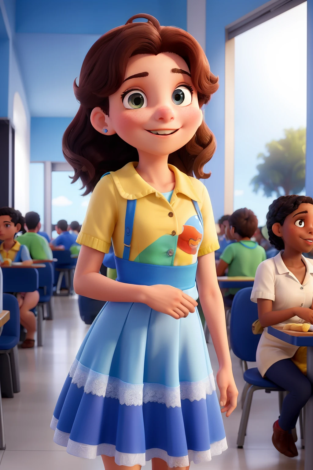 Obra-prima, de melhor qualidade, estilo Disney pixar, de uma mulher de 32 anos, cabelo cacheados, longos, morena clara, Indigenous trait, Profession of the environment in a classroom, escrevendo em um caderno, dressed in dark blue jeans, blusa branca com bordado de manga e delicada, e sapato de salto vermelho