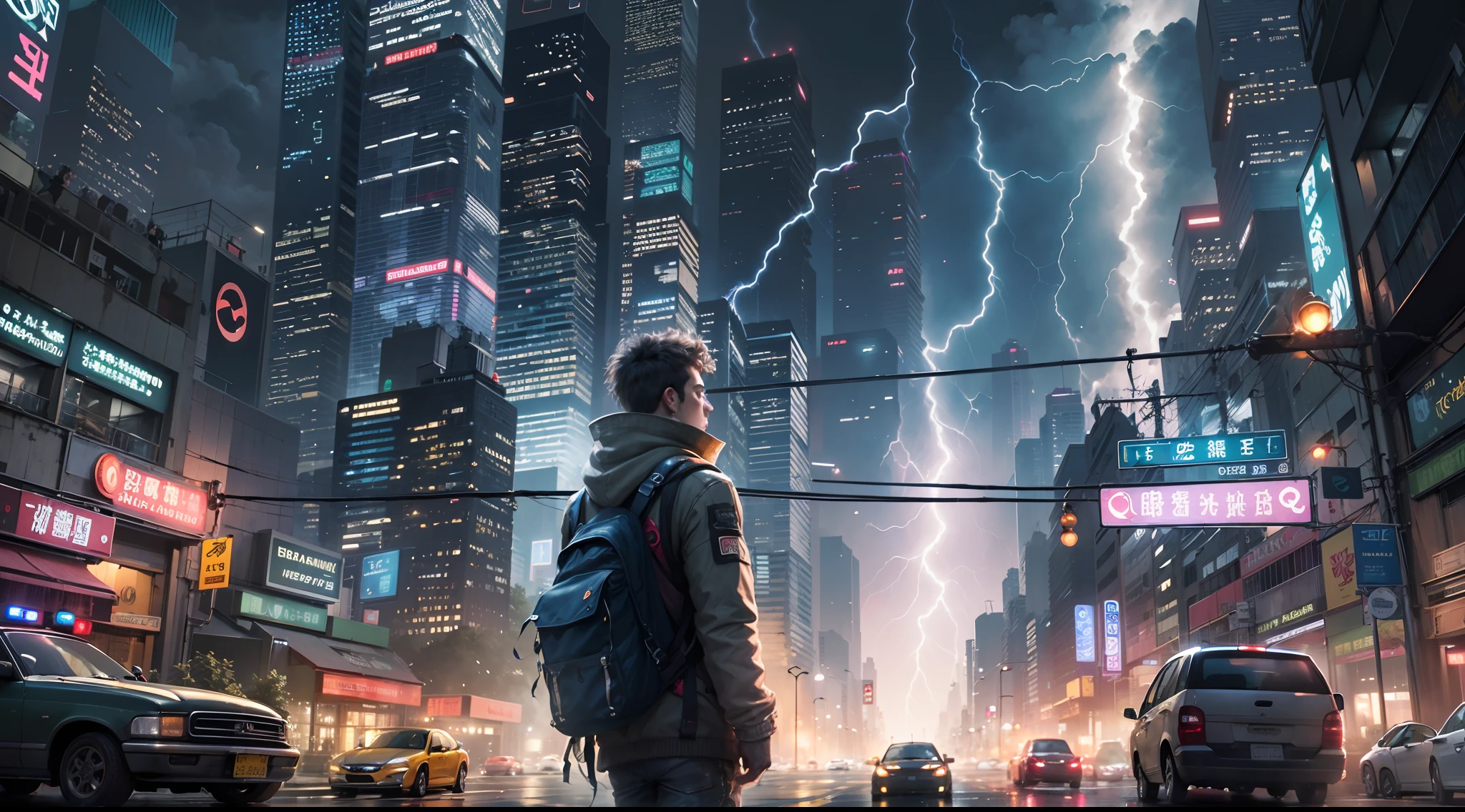 1st grade,um menino de 13 anos、DAMP BODY、menino cyberpunk、The beginning of the adventure、(Encharcando:2)、(lightnings:1.5)、Muitas nuvens,Heavy fog、mistborn,Chaotic city of the future、Cinematic dystopia、A group of very tall skyscrapers is in the center、Paisagem urbana muito complexa,Crowded Chinese skyscrapers、Placas de rua、street lighting、taxis、Autocarros、Trem、blue lighting,estrada escura、Lots of puddles、caothic、Beautiful and fantastic landscapes、Cinematic setting、alta qualidade、masutepiece,em 8K、alta resolução、