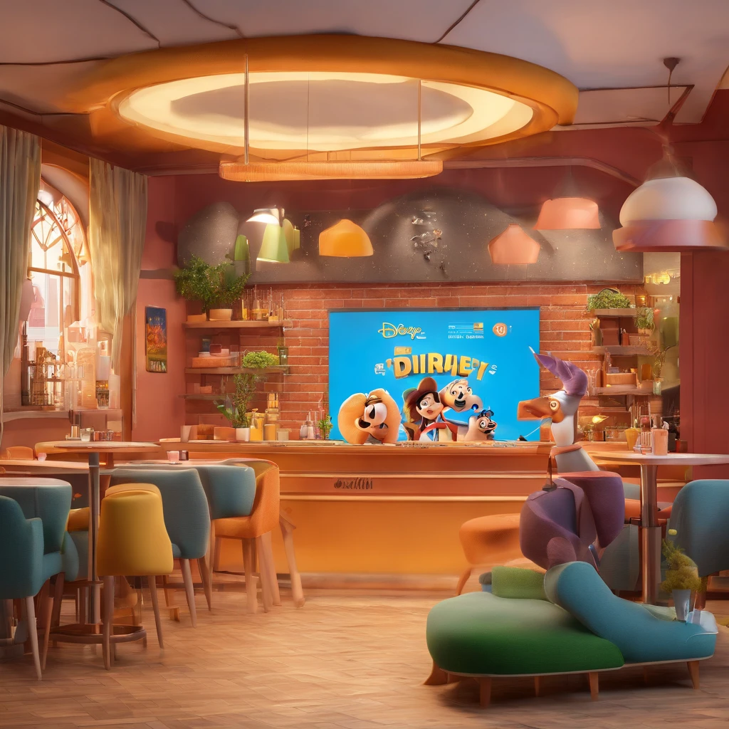 create a 3D movie poster inspired by Disney Pixar, The scene should be in Pixar's signature digital art style, casal apaixonado em um restaurante