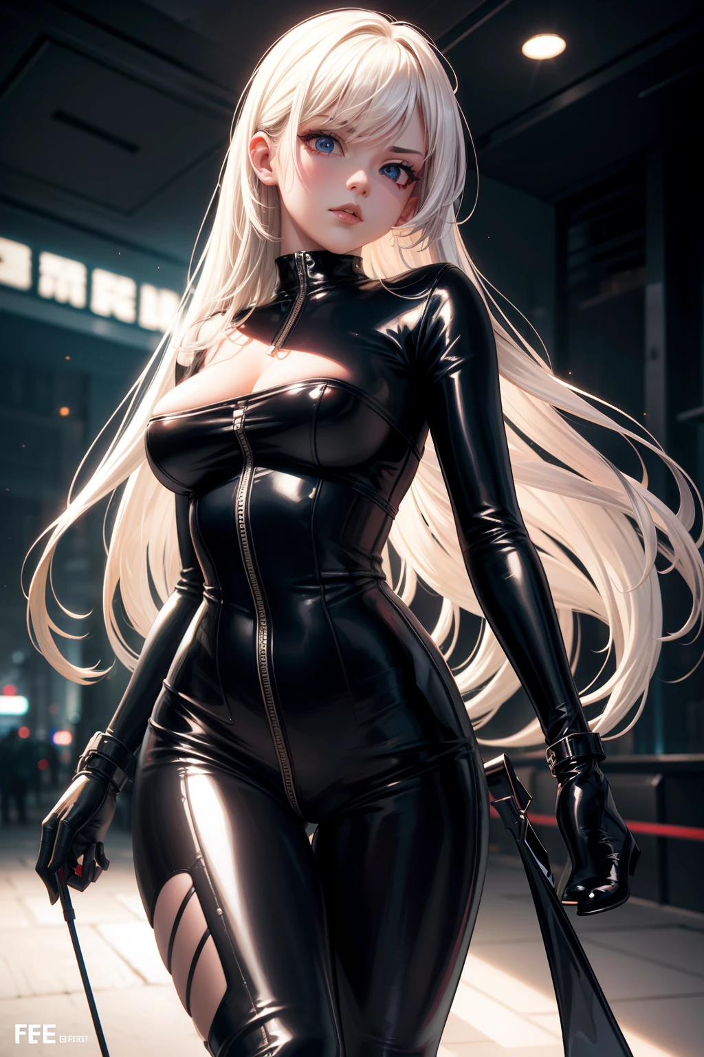 solo, super fine photo, portrait digital art Unreal Engine 5 8K UHD of a girl, concept art, character concept design, fetish clothing, rubber clothes, fetish mistress, wearing black latex bodysuit with straps and belts, long white latex gloves with straps, latex high heels, long hair, seduce face, cyberpunk fashion design, walking in the store, night time background, best quality, masterpiece, super detailed, sharp focus, female pose