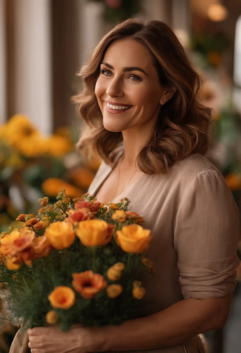 Image of a woman for a story in a YouTube video in Pixar format, She's a florist, tem aproximadamente 40 anos, jovial, medium and straight light brown hair, sorriso largo e olhos castanhos