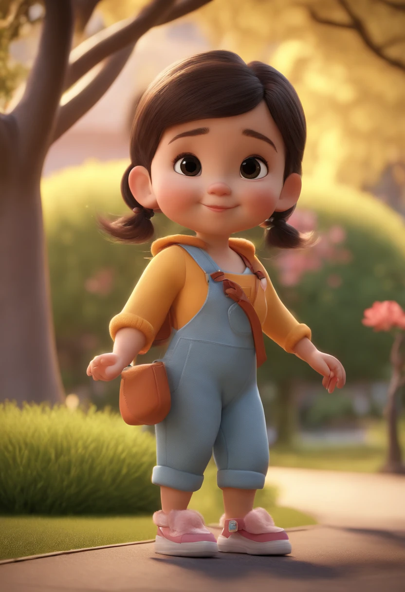 Cartoon character of a cute 1-year-old girl with round dark eyes, in the garden of the house, in the background is a sakura tree, zanimation character, Caractere estilizado, animation style rendering, 3D estilizado, Arnold Maya render, 3 d render stylized, toon render keyshot, Personagem 3D, Personagem 3D, 3d rendering stylized, 3 d character render, personagem de desenho animado, Personagem de close up, Pose de personagem, (Estilo Pixar) (master part:1.2) (Bokeh) (best quality) (pele detalhada) (textura detalhada) (8k) (argila) (Cinematic lighting) (foco nítido