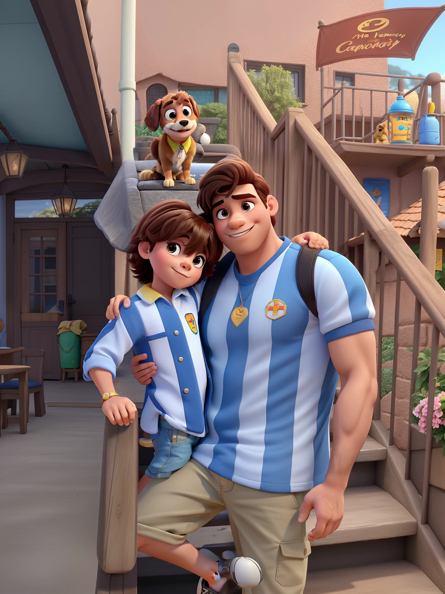 Um homem, um , uma mulher e um cachorro no estilo Disney pixar, alta qualidade, melhor qualidade