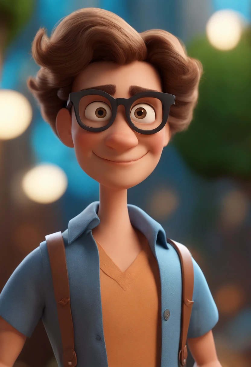 Cartoon character of a man wearing black glasses and a blue shirt, um personagem animado, Caractere estilizado, animation style rendering, 3D estilizado, Arnold Maya render, 3 d render stylized, toon render keyshot, Personagem 3D, Personagem 3D, 3d rendering stylized, 3 d character render, personagem de desenho animado, Personagem de close up, Pose de personagem, (Estilo Pixar) (master part:1.2) (Bokeh) (best quality) (pele detalhada) (textura detalhada) (8k) (argila) (Cinematic lighting) (foco nítido,Senta e vaza a parte superior do corpo