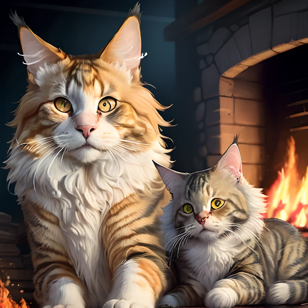 un maine coon roux avec des tache blanche et les yeux jaune qui tien une arme a feu