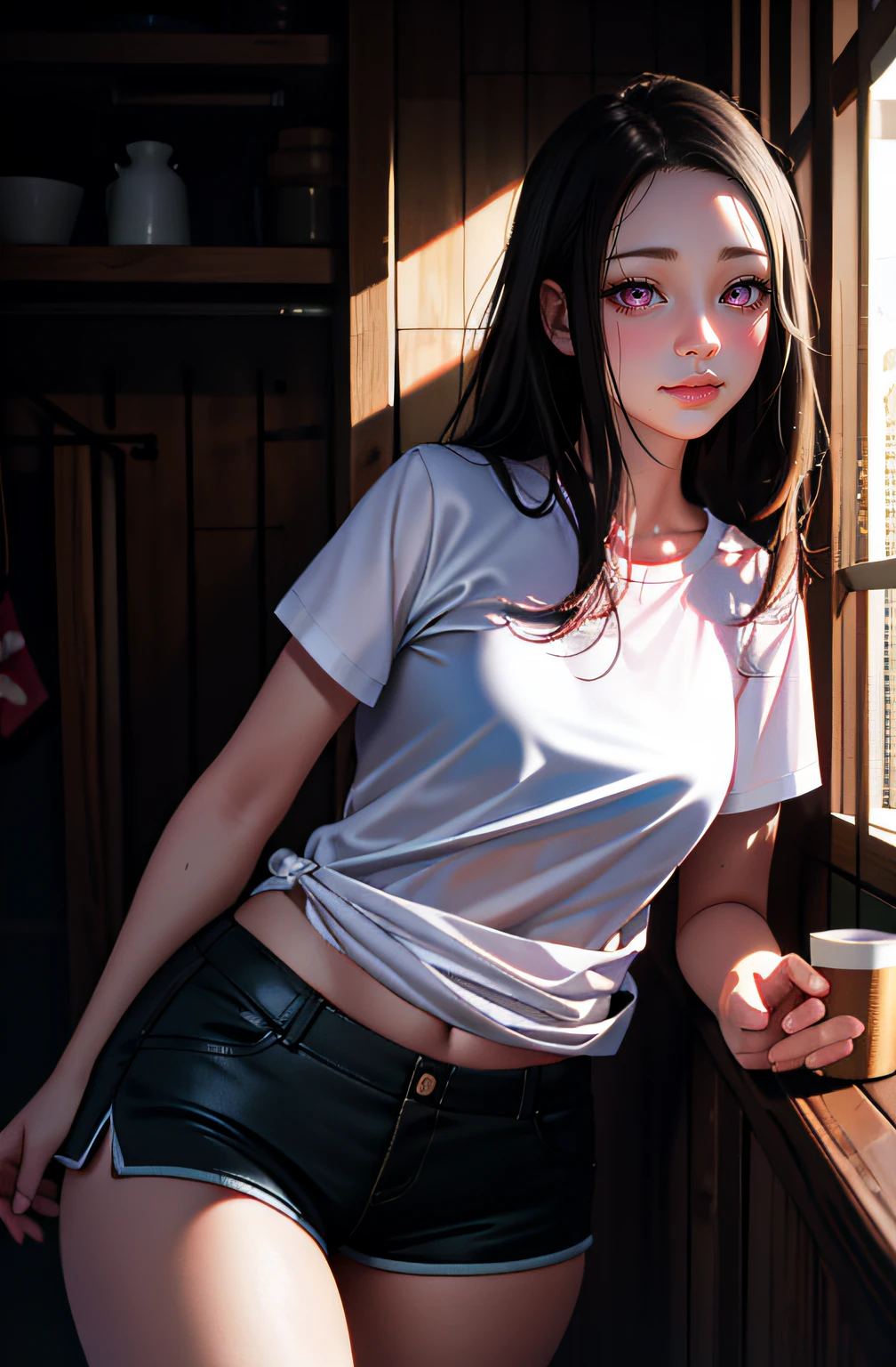 masterpiece, realistic eyes, best quality, bamboo, closed mouth, beautiful lighting, cinematic, 8k, solo, 1girl, facial, wet face, liner, wooden walls, medium tits, white shirt, short shorts, back, wide hips, cum, kamado nezuko, pink eyes, lips