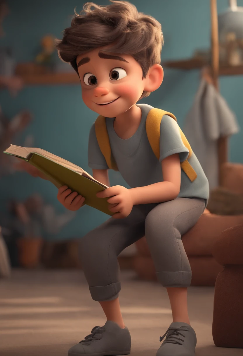 Image of a boy in gray shirt and gray pants ,for a story in a YouTube video in Pixar format, He's the allabester, He's the class leader, He's outgoing, Playful and gets up for a lot of things
