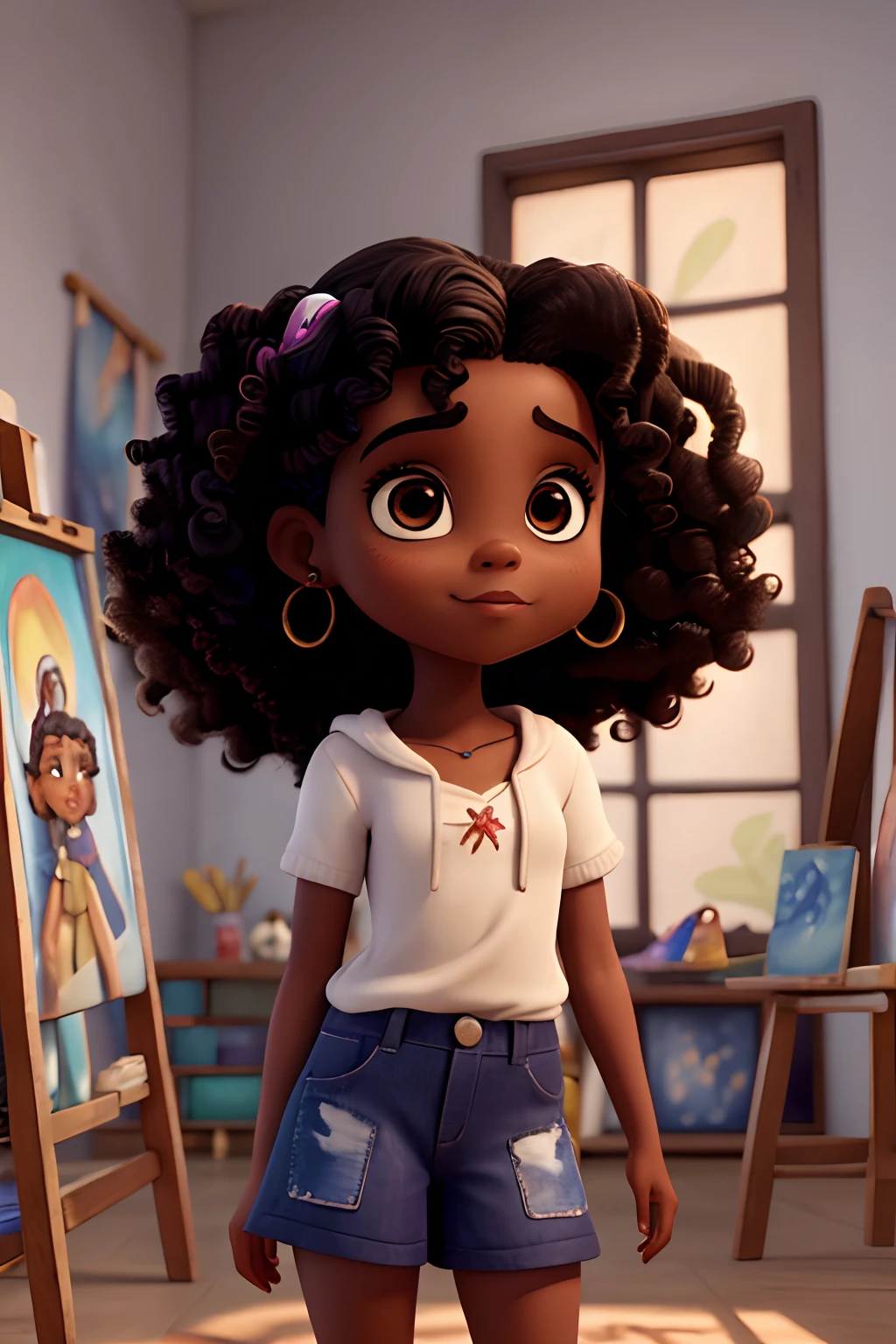 Capa de filme estilo Disney, uma menina preta com olhos castanhos, Dark skin and curly hair working painting pictures and an art studio in the background