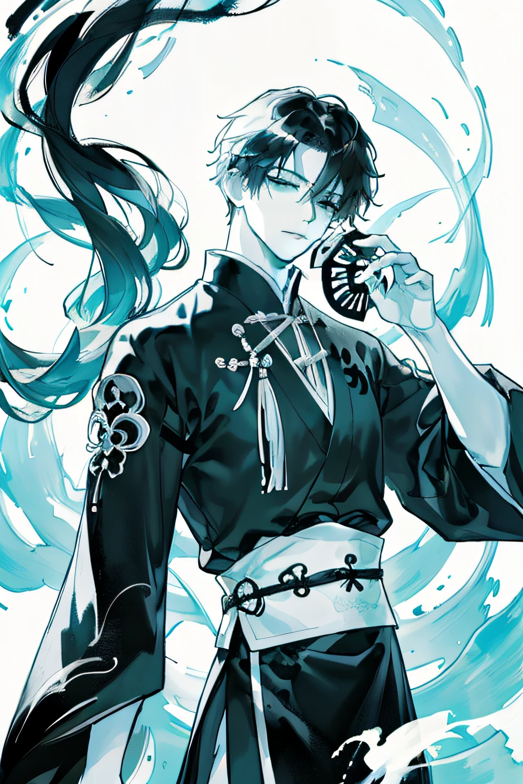 black andwhite, Ink sketch, 1boy,Young men,One hand holds a fan, Combat posture, looking at viewert, long whitr hair, Floating hair, Hanfu, Chinese clothes, longer sleeves, (abstract ink splash:1.2), Bamboo background
