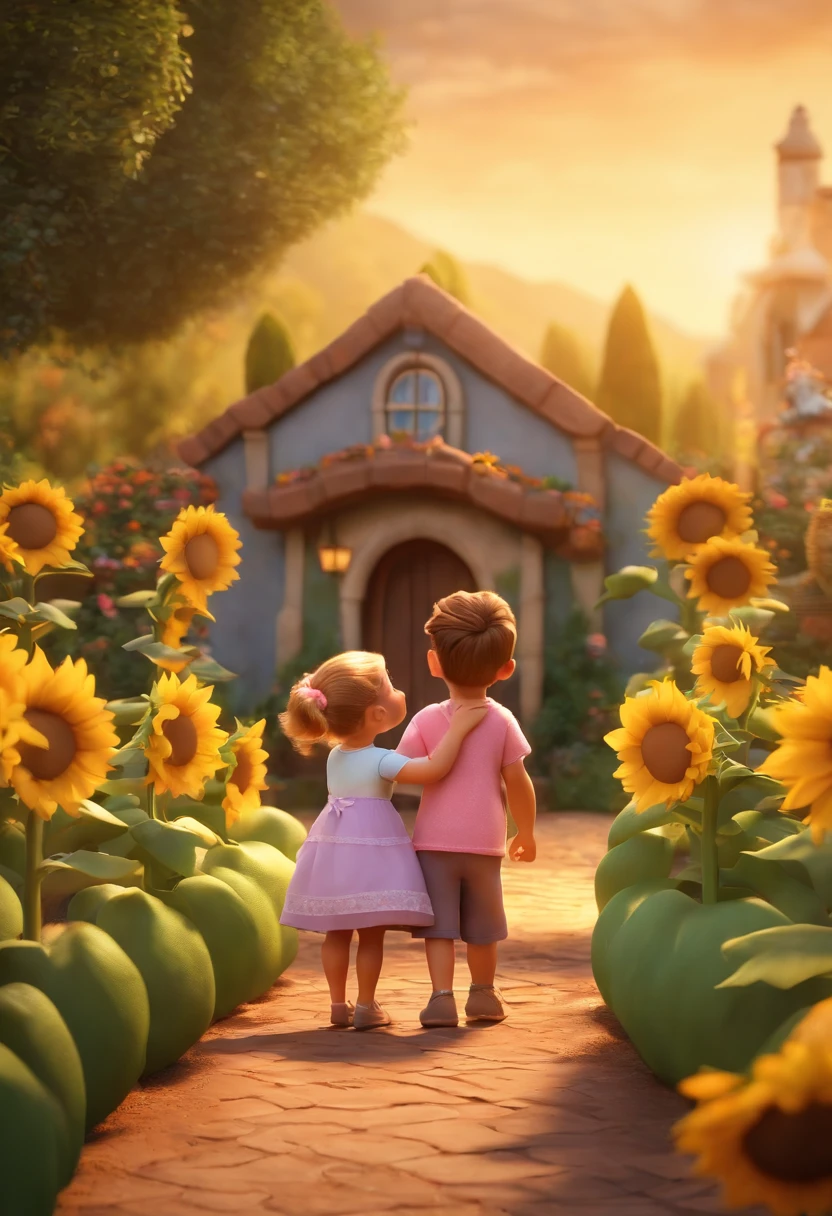 Create a Disney PIXAR-style 3D poster. ((In the center of the image is a couple and a 6-month-old girl. 1 homem ao lado e 1 menina no meio e 1 mulher ao lado, They're hugging each other, O homem ele e maior que a mulher ele tem pele clara e cabelos castanhos escuros e olhos puxados castanhos claro, 1 menina tem pele clara, Slanted eyes and dark hair and pink bow on head, ela veste jardineira rosa e camiseta branca, e a mulher tem pele parda, olhos escuros e cabelos escuros e lisos)) ((tudo isso no estilo Disney PIXAR 3D, In the background, A house of sunflowers, Gloria Studio, The garden is full of nature 3D render RTX clay material, estilo de design cartunesco, POP Mart, soft lighting, linhas suaves, Spring tilt, Detailed illustrations of PIXAR 3D, Detalhes hiper-realistas, cor quente no estilo Disney PIXAR 3D))