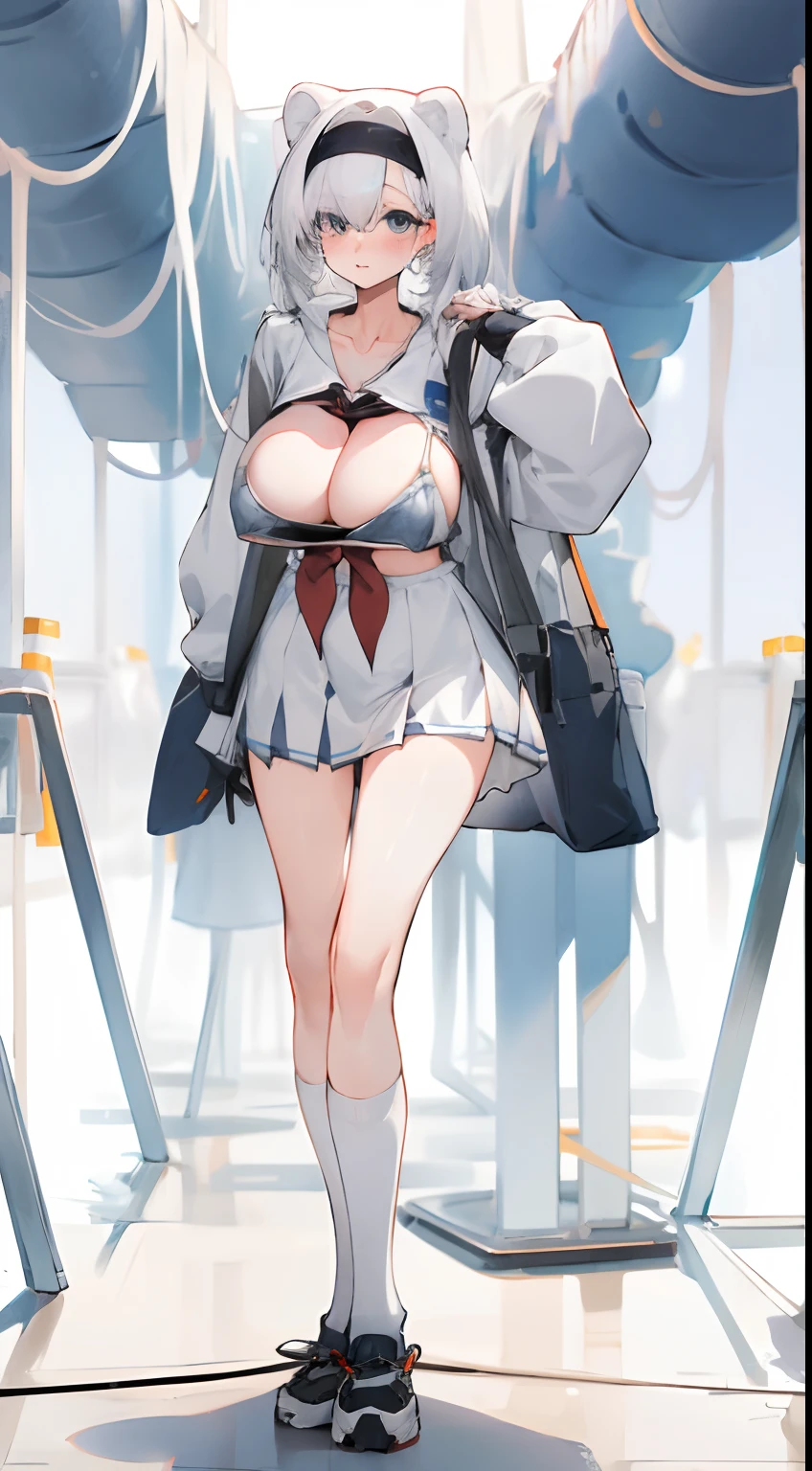 Bigboobs，White color hair，Leakage out of the collarbone，Neck leakage，school uniform，School skirts，knee length socks，standing straight，Stand up