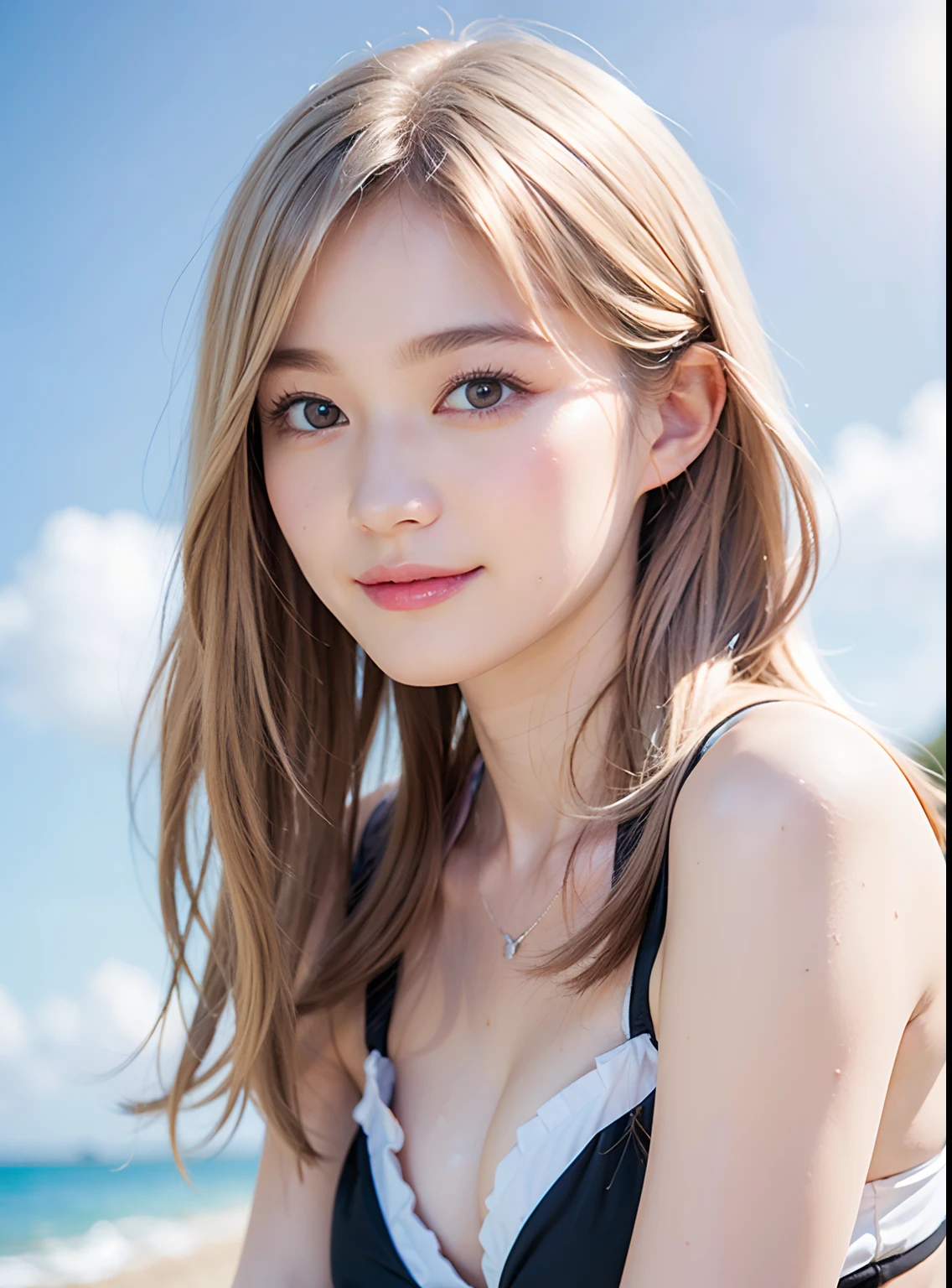 ((top-quality、masterpiece:1.3))、((Russian beauties))、1 female、18year old、Colossal tits:1.3、Slender body type:1.1、Glossy white beautiful skin、Platinum blonde super long hair、(the beach、Wet body、pretty bikini:1.1)、Super Detailed Face、Detailed lips、detailedeyes、二重まぶた、beach balls、A smile、blue-sky、clouds、look left、kneeking、blue eyess、wide Shots, 1 girl, Super long hair, Beautiful and cute 17 year old beautiful girl、Beautiful bangs、Very beautiful face、bright expression、Beautiful blue eyes, Bright and dazzling platinum blonde、Long straight hair、Eyebrows behind bangs、student clothes、School Uniforms、textured white skin, Best Quality, 4K high resolution、glowy skin, high details