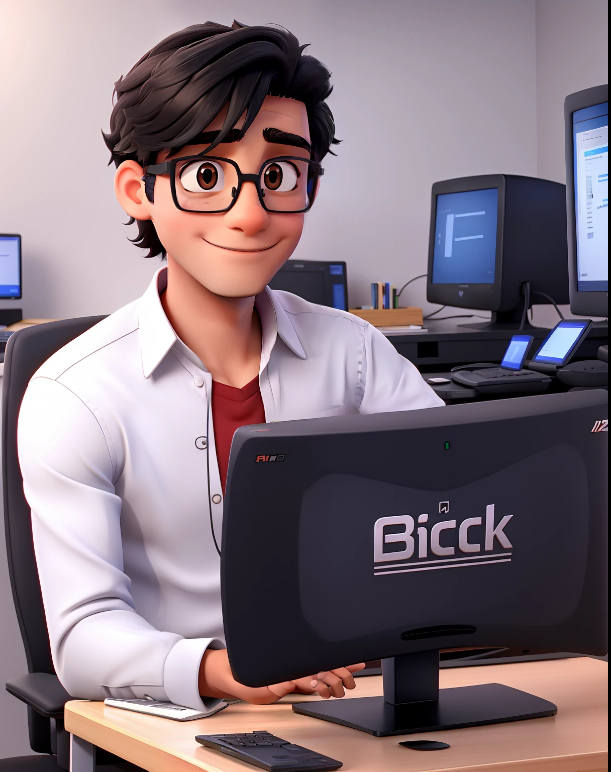 Handsome black haired boy wears glasses and is on big computer