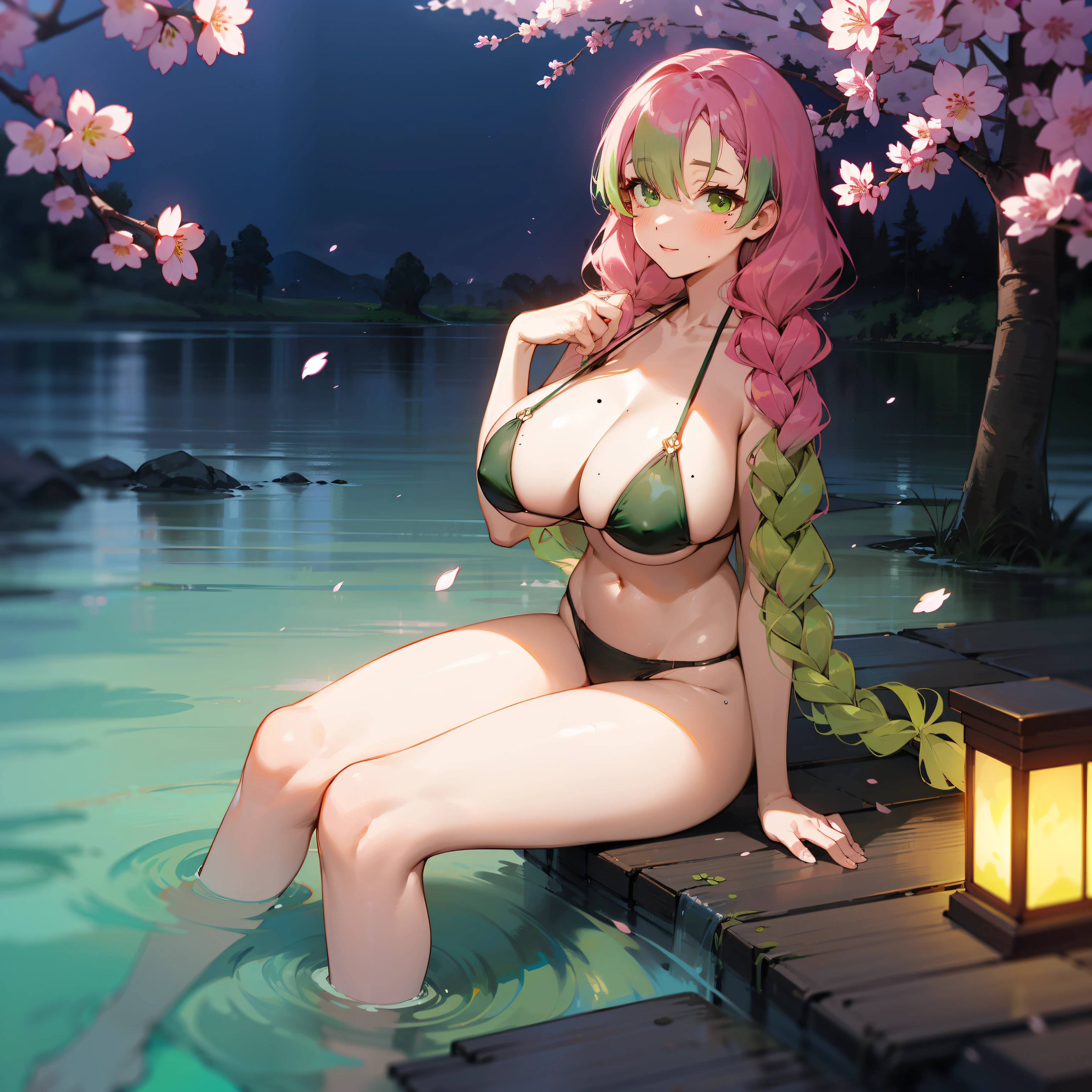 mitsurikanroji, mitsuri kanroji, braid, gradient hair, (green eyes:1.5), green hair, long hair, mole, mole under eye, multicolored hair, pink hair, twin braids, two-tone hair, In the lake next to the waterfall. the night, Fireflies. Sakura. cherry blossoms. Huge tits, sexy, bikini, full body in shot, Sits