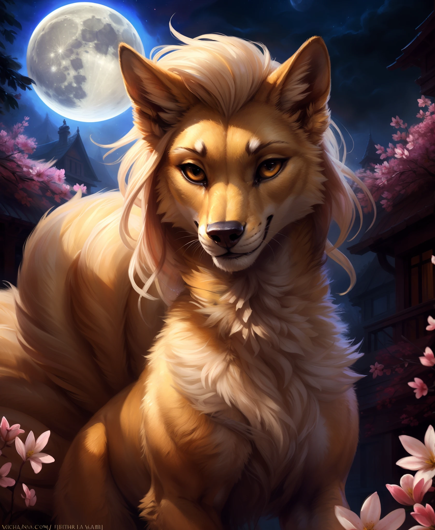 ((solo)) (feral, ninetales), female, looking at viewer, cherry blossom, night, fog, flower, multi tail, full moon,, best quality, shaded, extreme detail, highly detailed, ultradetailed, intricate, realistic, detailed background, hi res, realistic, photography \(artwork\), (by kenket), by ross tran, by michael & inessa garmash, by pino daeni, by isvoc, by kiguri, by alena aenami, by ruan jia, (by zenthetiger, by wolfy-nail), by Enki Bilal, by drmax, photorealism,