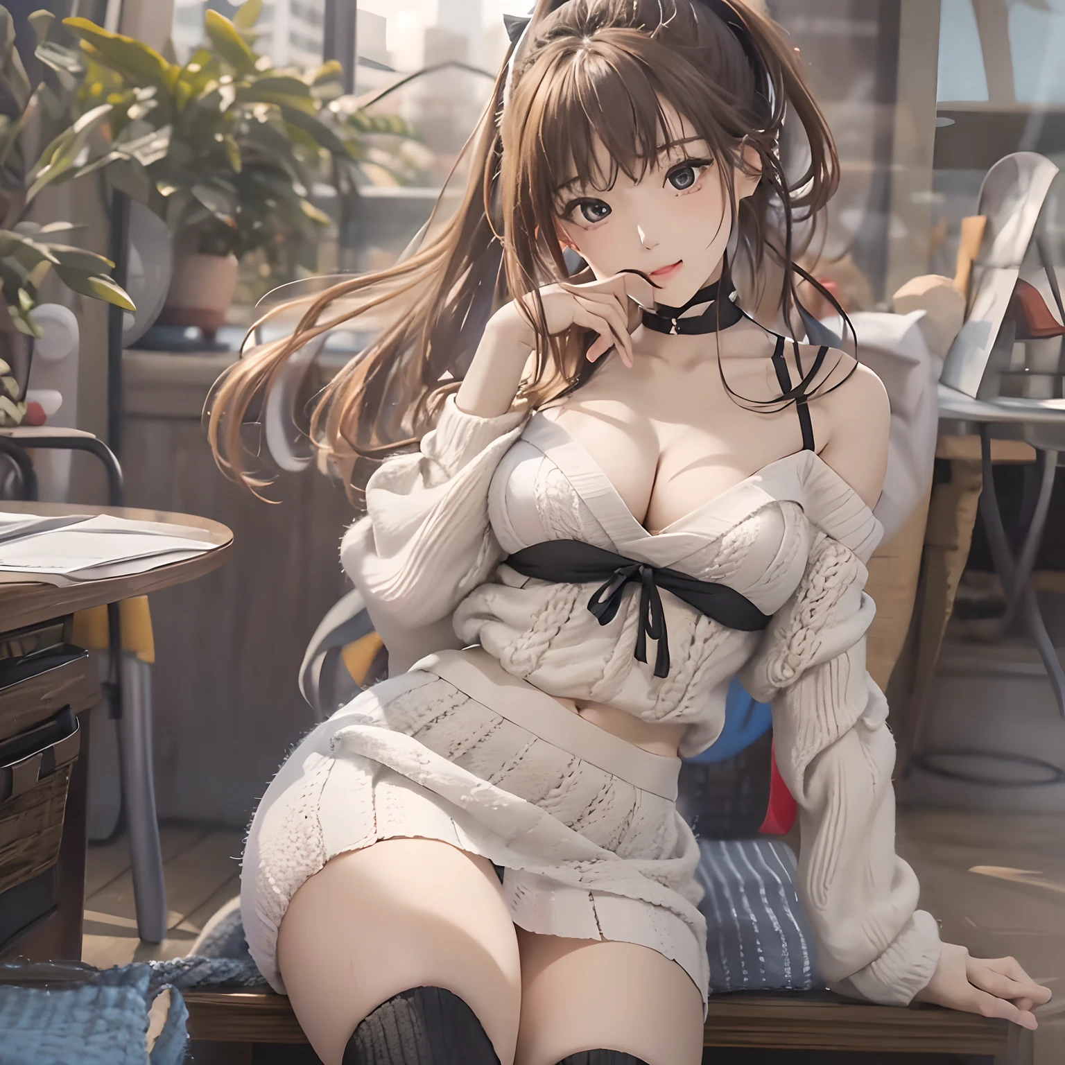 top-quality、masuter piece、8K、Photorealistic anime drawings、1girl in、23years old、(Brown Hair Ponytail)、 (beautiful thigh)、(White knitted dress、a miniskirt:1.4), ((off shoulders):1.4),  ((Tight clothes、up skirt、Black panties):1.2), ((鎖骨, cleavage、large full breasts):1.3),  (Black Choker:1.2), (Black short boots:1.1),3 star hotel、sit on a bed、spread legswide