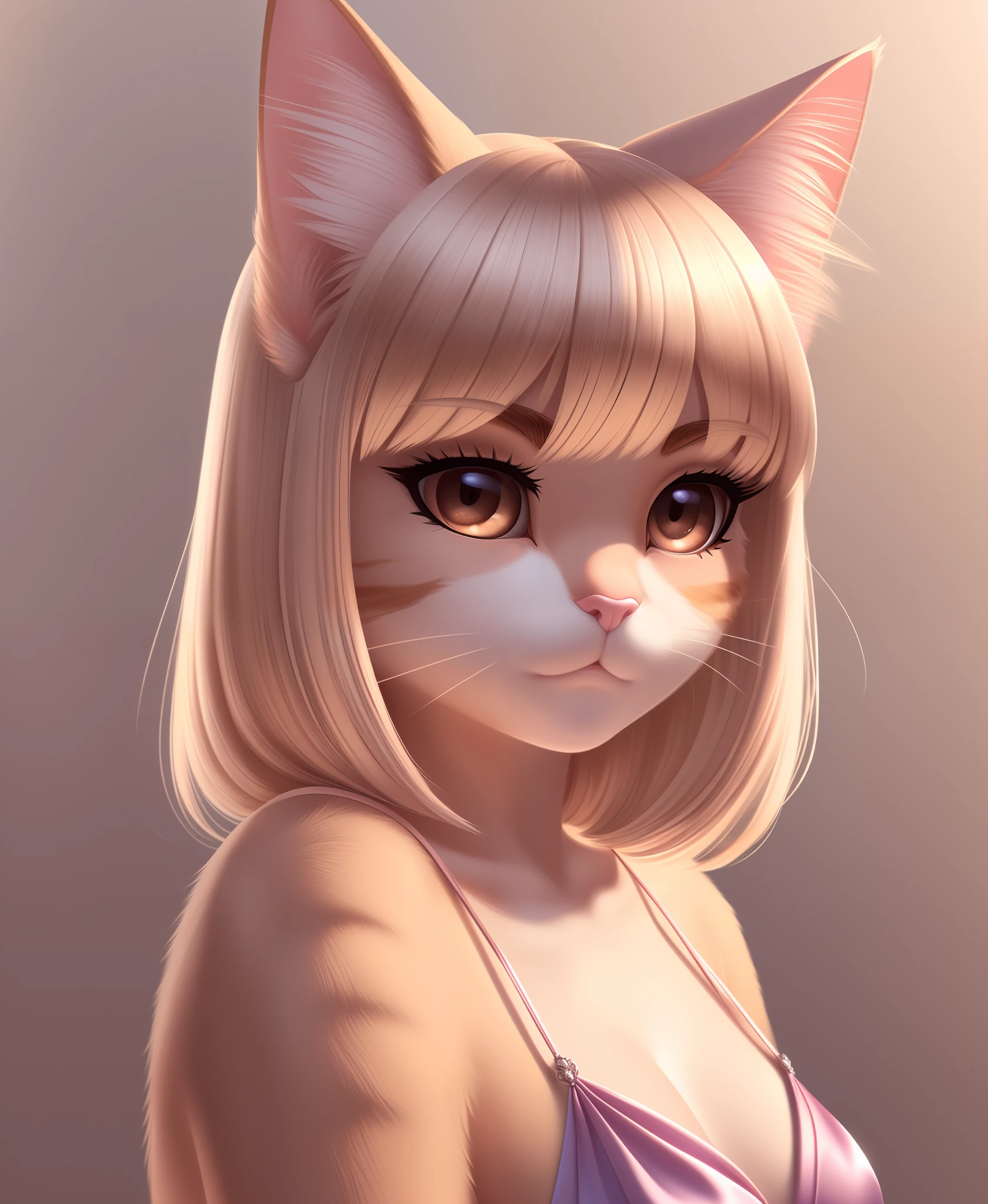 (1girl, solo), (masterpiece, best quality, ultra-detailed), (full body)
(simple background, natural lighting, intricate details),
(humanoid face, cute female anthro cat, (detailed silky cat fur:1.2), (cat fur), cat ears and pink nose),
(platinum blonde colored hair, bangs hair, detailed humanoid glossy brown eyes, full lashes, thick eyebrows),