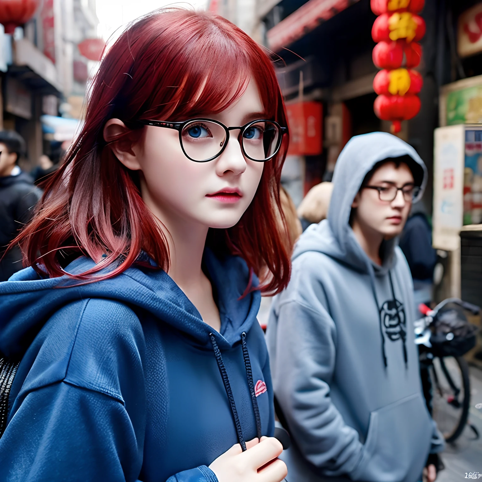 Plump figure、Gender unknown、Glasses shimmer、Blue eyes、Dark Hoodies、Nestled in Chinatown、Face enlargement、bright red hair