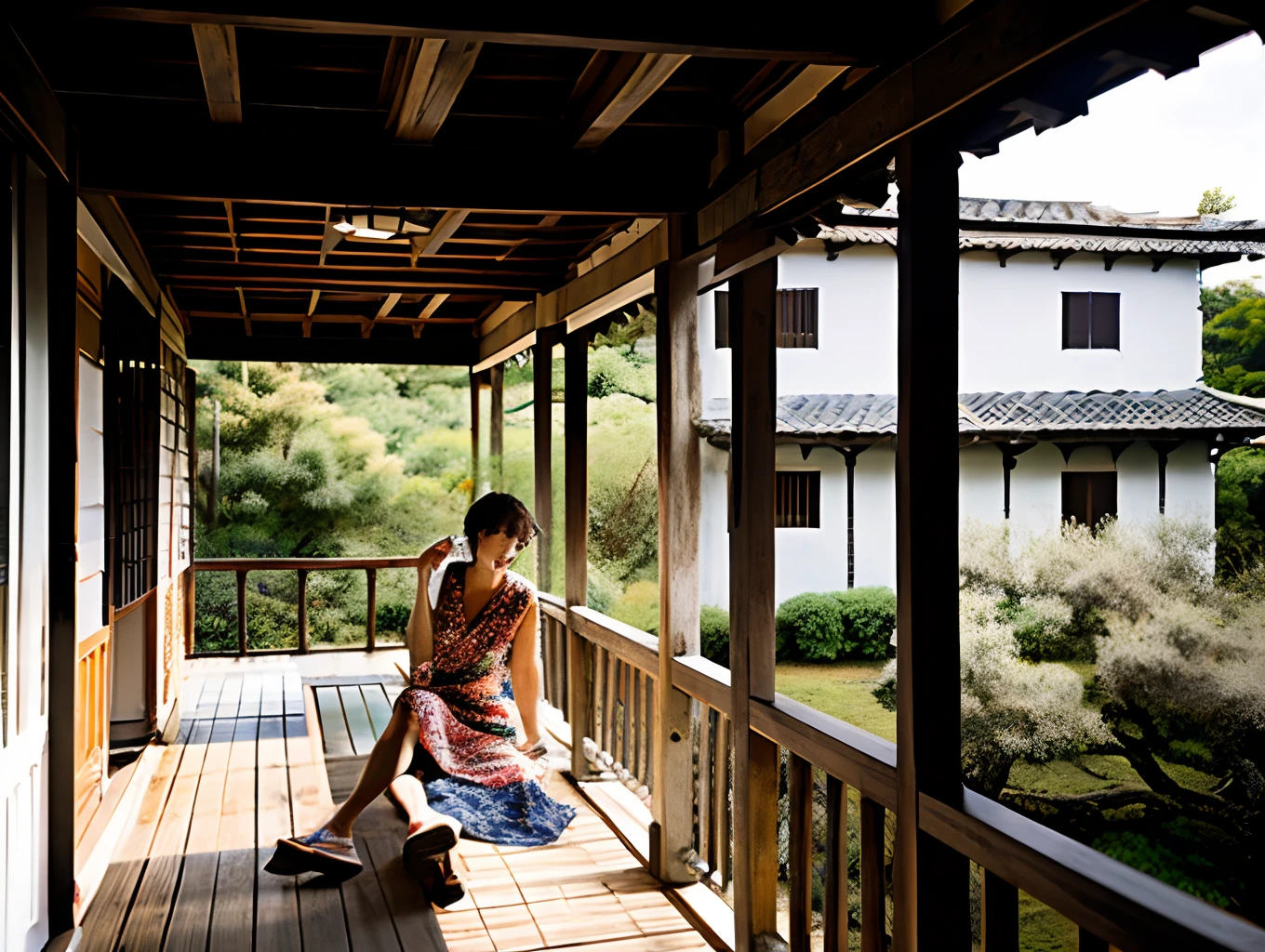 Young woman in yukata cooling off on the veranda of an old folk house a picture