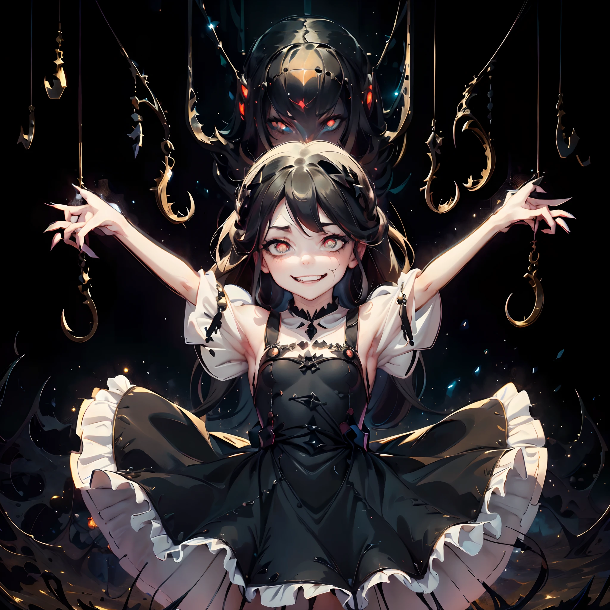 Girl with open arms. she is wearing a black dress. She has white ruffles. Tenacles with claws hanging from the ceiling. Spider legs. Eyes open. Shining eyes. She grins. Dark background.