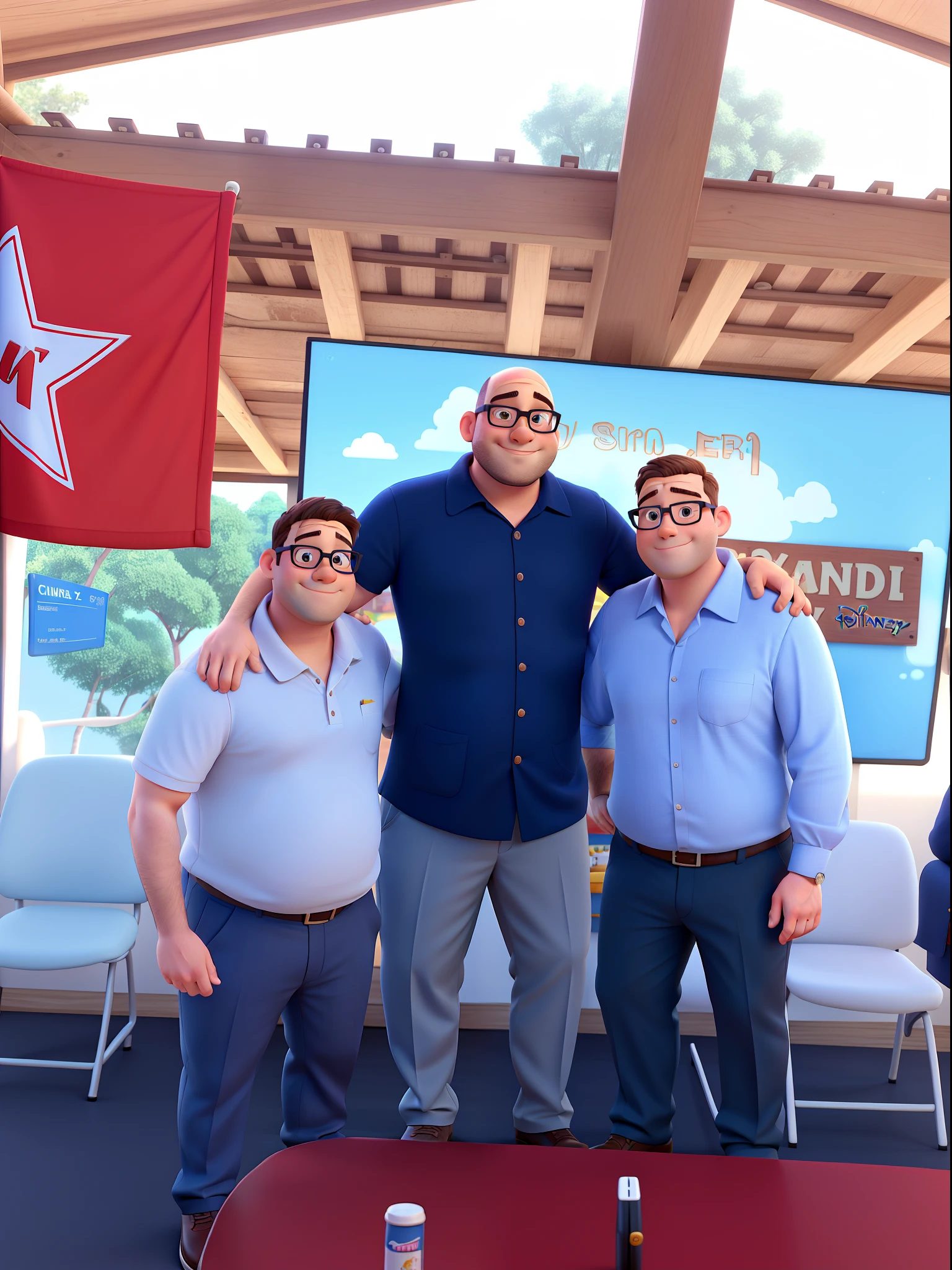 A short, chubby man, a tall, bald and handsome man, a man of average height, wearing glasses , todos estilo Disney pixel em alta qualidade