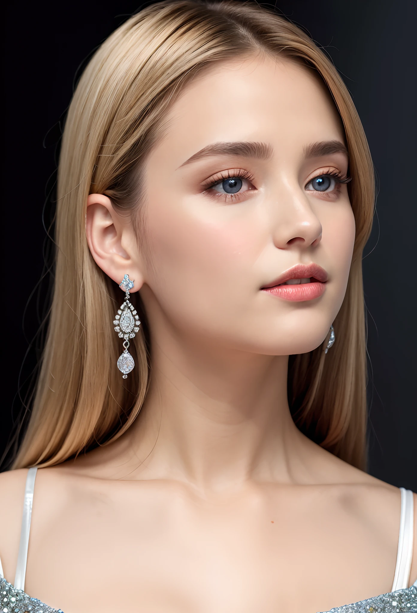 (masterpiece、top-quality)、intricate detailes、realisitic、Photorealsitic、Close-up of a woman wearing earrings inspired by Emma Andijewska、Covered with crystal、Silver Color、long earrings、Sandra Shevia、Huge earrings、In 2019、blue eyess、Platinum Jewelry、耳Nipple Ring、flawless structure、silver earing、(At the angle at which you pull the camera、Full body image of a person)