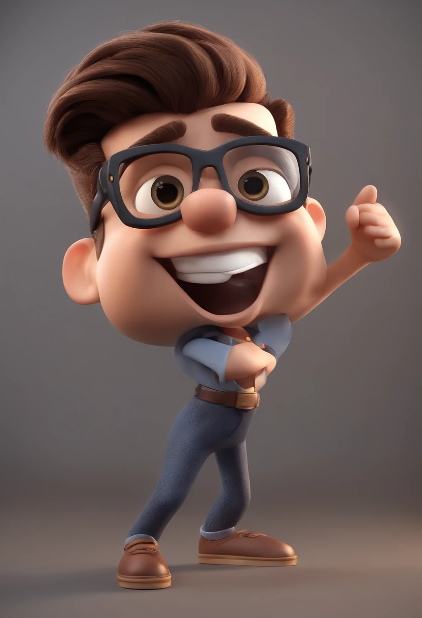 Cartoon character of a man wearing transparent glasses and a black shirt. um personagem animado, Caractere estilizado, animation style rendering, 3D estilizado, Arnold Maya render, 3 d render stylized, toon render keyshot, Personagem 3D, Personagem 3D, 3d rendering stylized, 3 d character render, personagem de desenho animado, Personagem de close up, Pose de personagem, (Estilo Pixar) (master part:1.2) (Bokeh) (best quality) (pele detalhada) (textura detalhada) (8k) (argila) (Cinematic lighting) (foco nítido,Senta e vaza a parte superior do corpo. Jaleco branco, sorriso largo no rosto