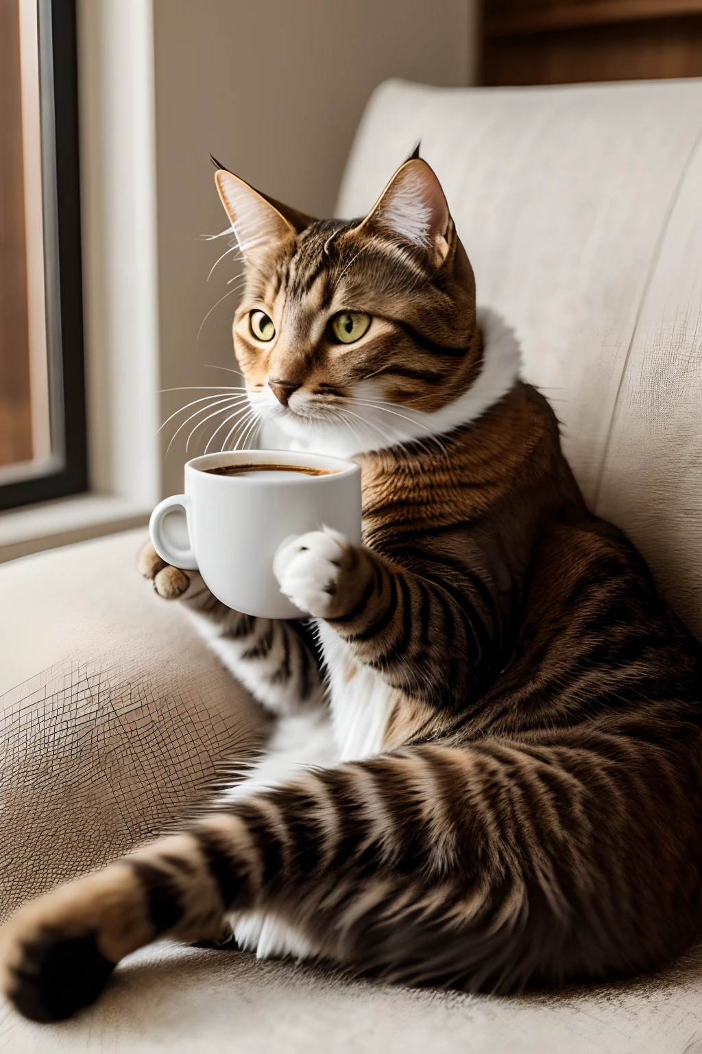 Create an image of a cat drinking coffee sitting on a cozy couch on a winter's day, ((8k)), ((Masterpiece))