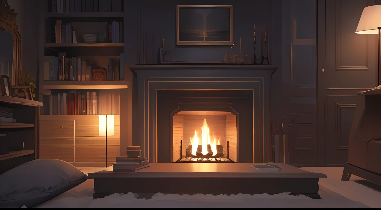 ( 1 night ) interior with fireplace winter illustration living top quality graphic dark interior dark color bookcase night indoors