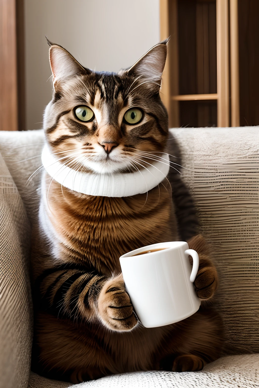 Create an image of a cat drinking coffee sitting on a cozy couch on a winter's day, ((8k)), ((Masterpiece))