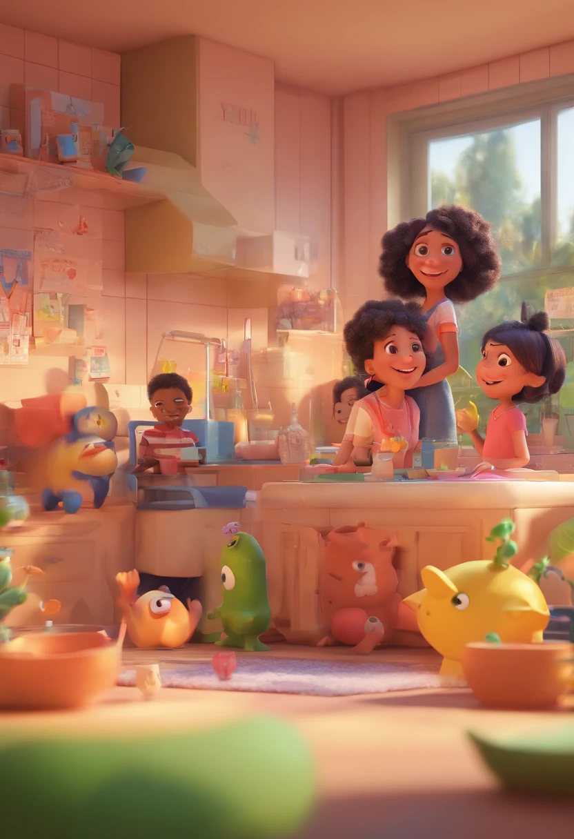 Estilo Pixar: Familia, a mother, A mother and 3 girls. Uma menina de 8 anos, outra de 6 anos e outra de 1 anos . com mesmo fundo.