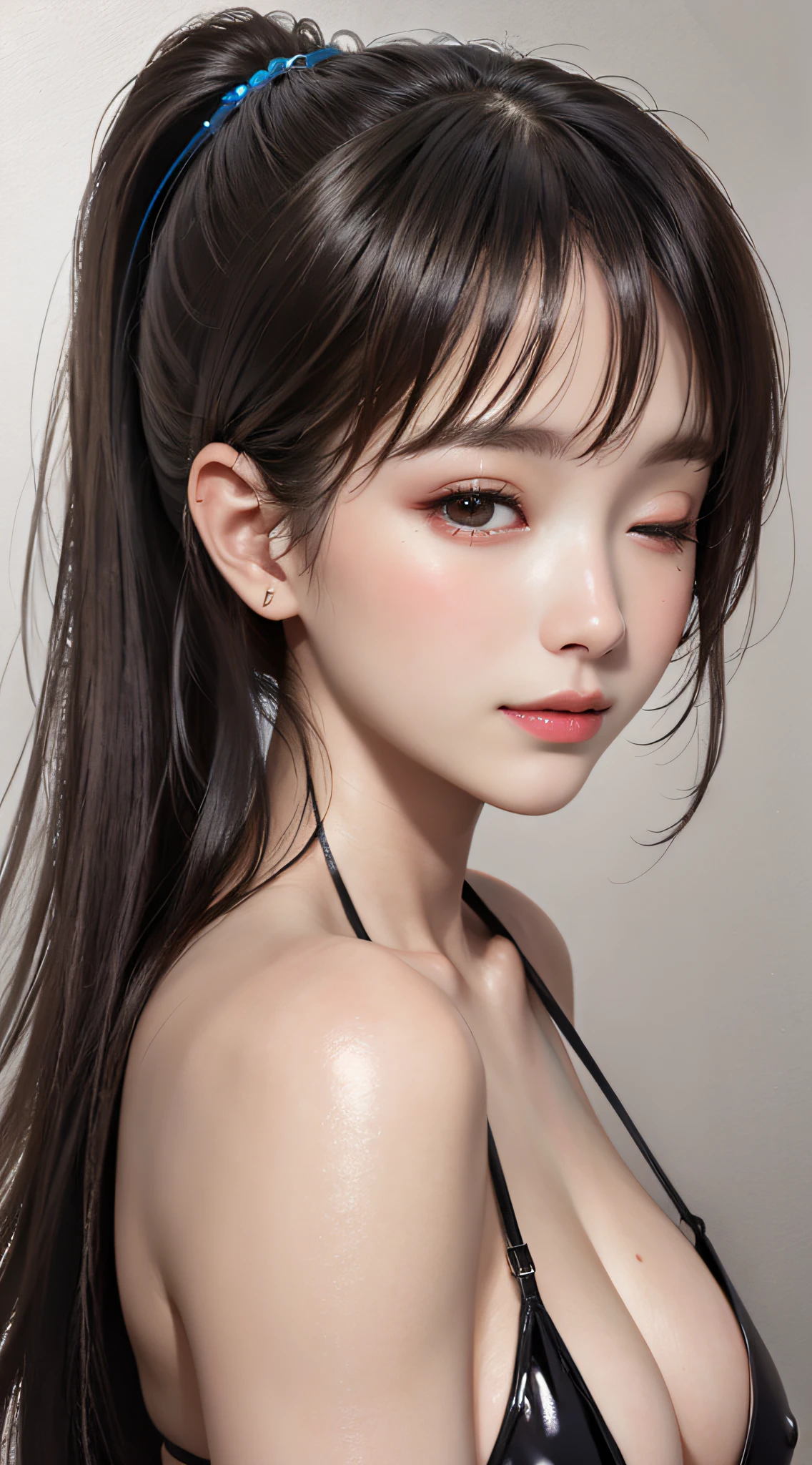 highest quality, realistic, 8K, High resolution, 1 girl, woman, (skin dents), (portrait:0.6), nice, ((white background, naked, small breasts:1.65)), (Brown hair in a ponytail, parted bangs:1.4), looking at the viewer, (1 girl eyes looking at the viewer:1.6), realistic, (Bokeh), (closed mouth, smile:1.3), nice, Pueros face_V1:1,