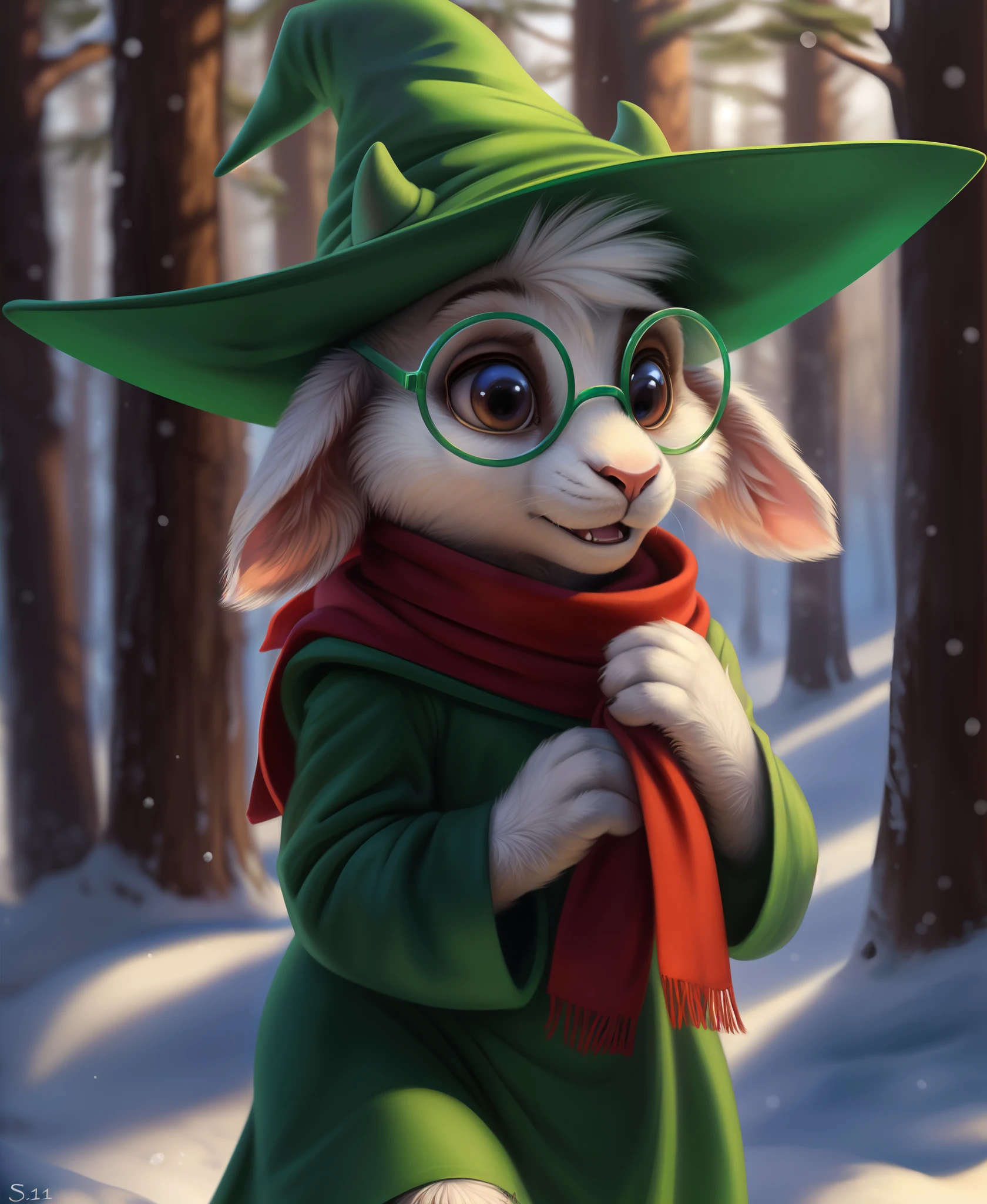 uploaded on e621, ((by Harriet Backer, by S1M, by The Giant Hamster, by Reylia Slaby, by Sabretoothed Ermine, by Supplesee)), ((detailed fluffy fur)), solo, ???, child, (goat), (((white fur))), (red scarf, green robe, green glasses), ((Ralsei)), white hair, cartoon, anthro, (soft shading), 4k, hi res, five fingers, paws, detailed hands, ((detailed face)), (((face portrait))), walking, (detailed background, snow, forest, winter, depth of field, half body shadow, sunlight, ambient light on the body), (masterpiece, best quality, ultra realistic, 4k, 2k, (intricate:0.9), (high detail:1.4), film photography, (soft focus:1.2), RAW photo, photorealistic, analog style, subsurface scattering, photorealism, absurd res)